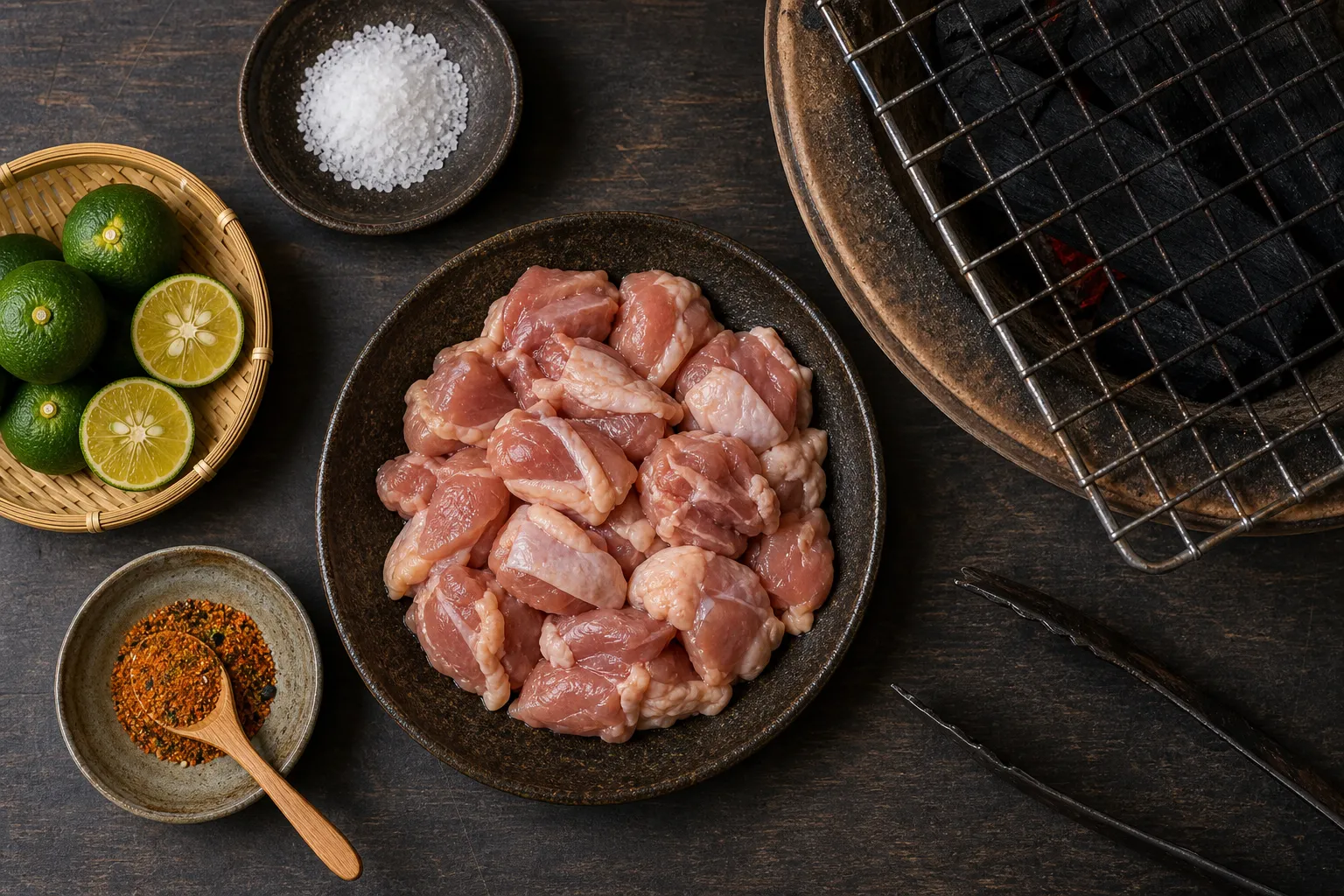 Jidori chicken chunks over fierce charcoal