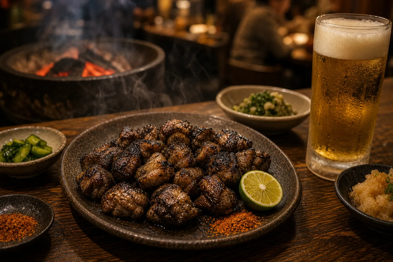 Charcoal-grilled jidori chicken served in a Miyazaki izakaya setting