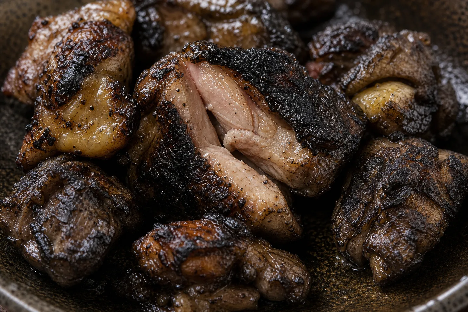 Close-up of the blackened, juicy jidori chicken chunks