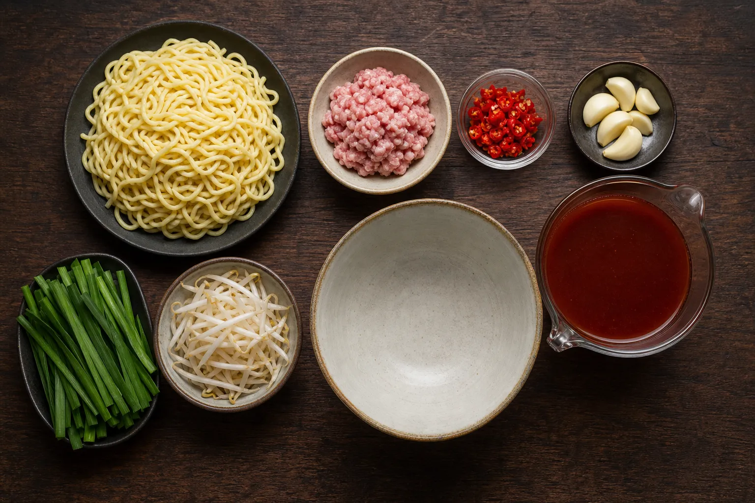 Minced pork frying with chili and garlic, plus nira, bean sprouts and noodles laid out to make Nagoya Taiwan ramen