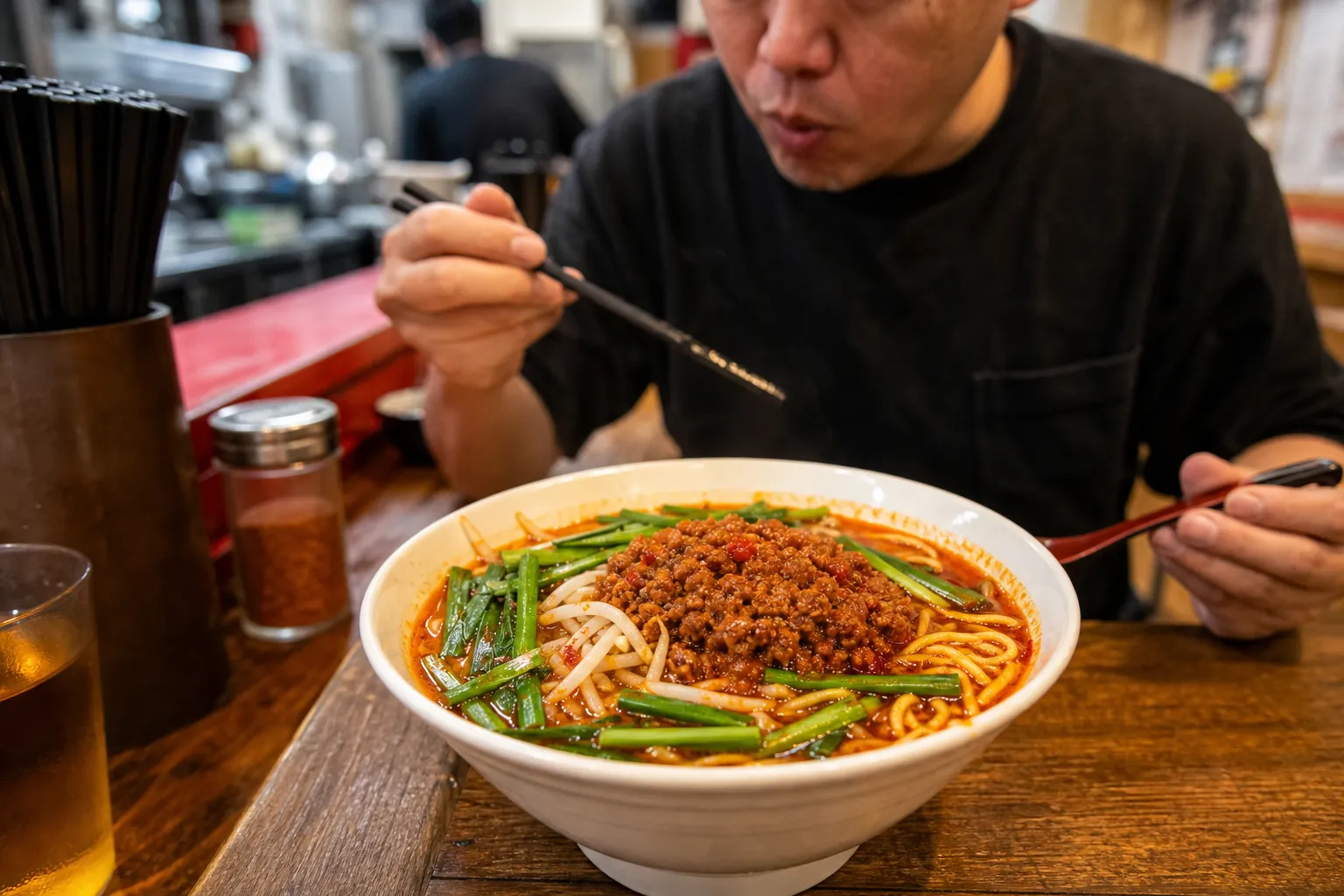 A bowl of chili-red Nagoya Taiwan ramen with spicy minced pork and garlic chives in a lively Nagoya ramen shop