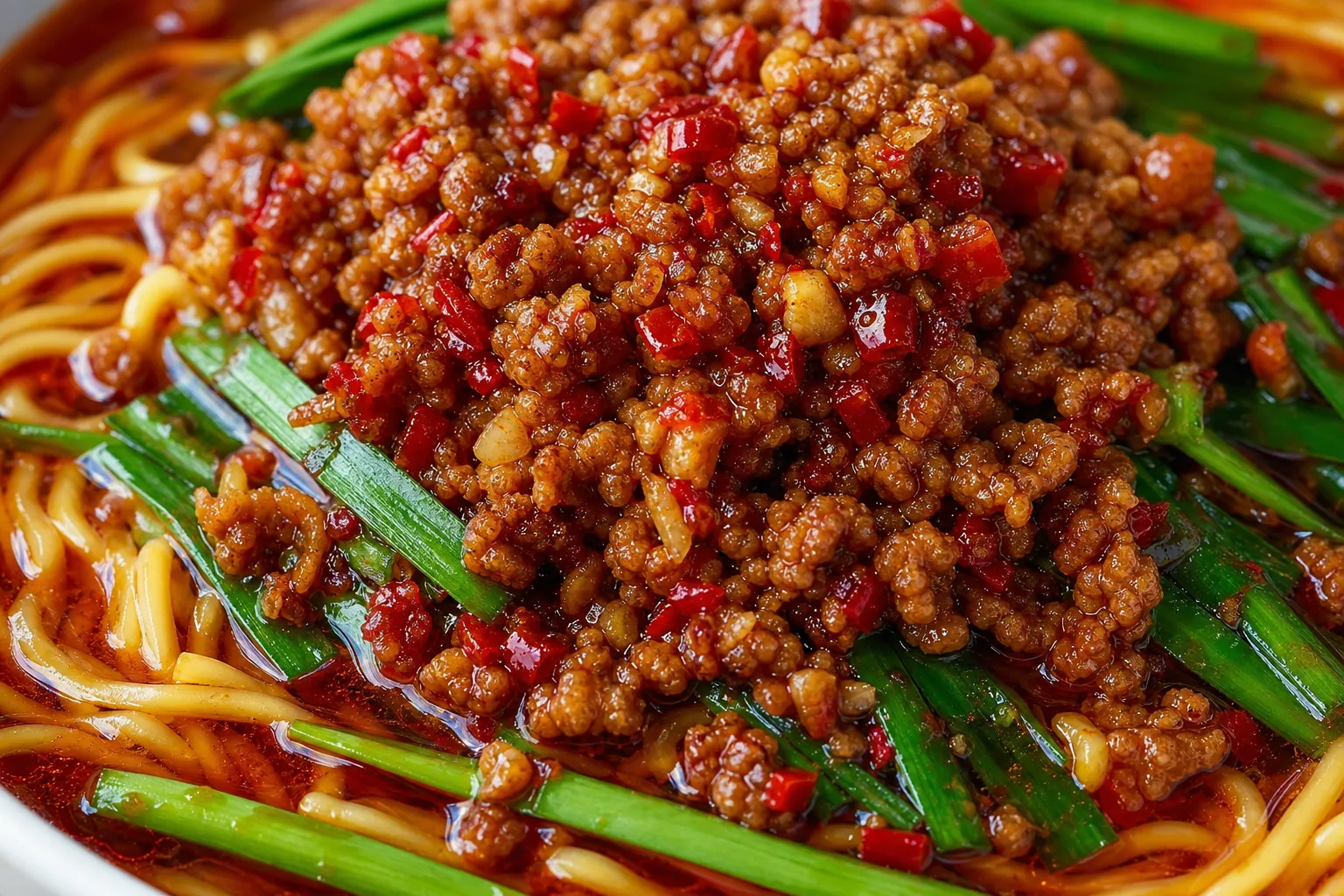 Close-up of spicy chili-and-garlic minced pork and garlic chives piled over noodles in red Taiwan ramen broth