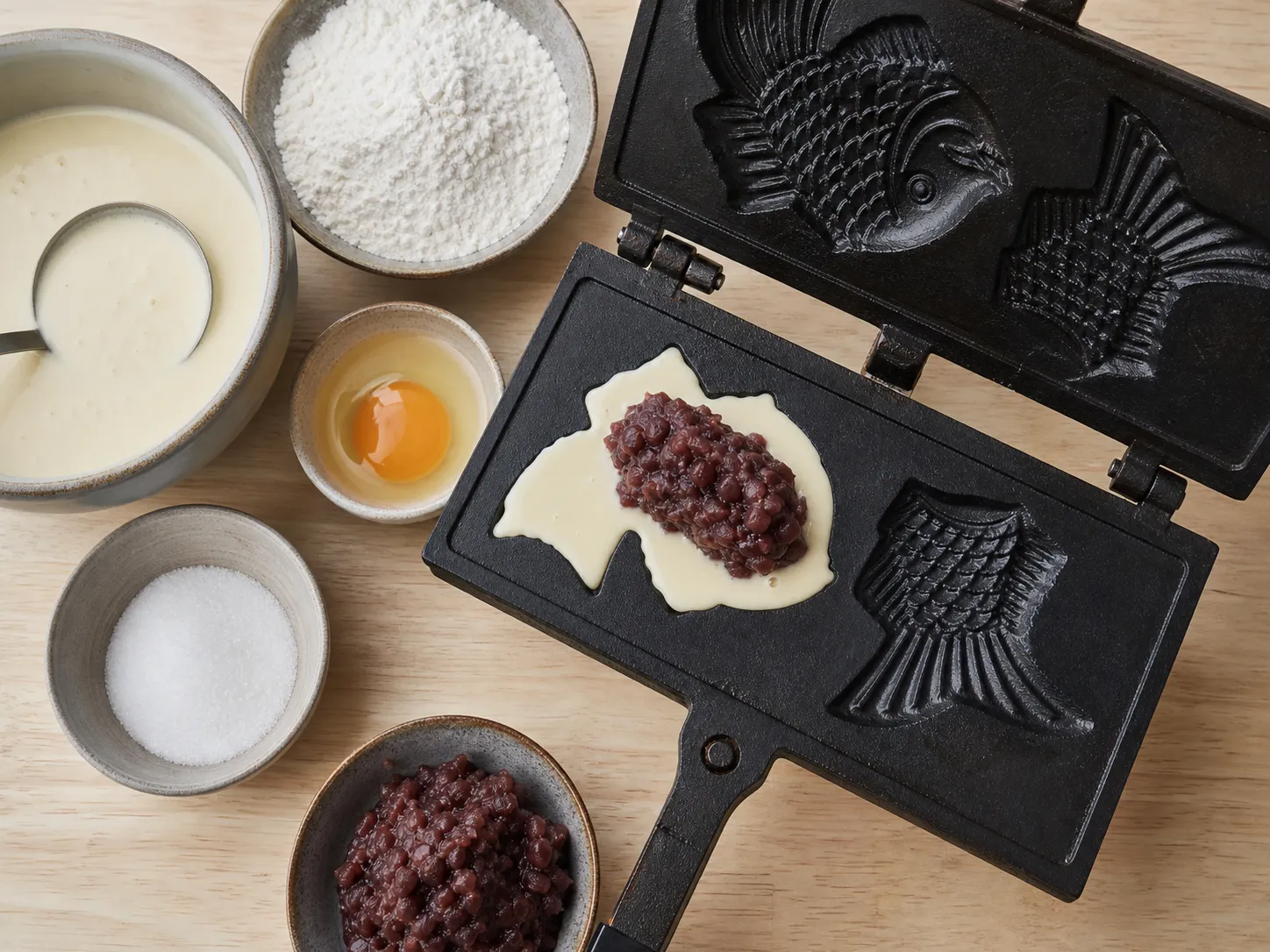 Taiyaki batter and red bean filling inside an open fish-shaped iron mold