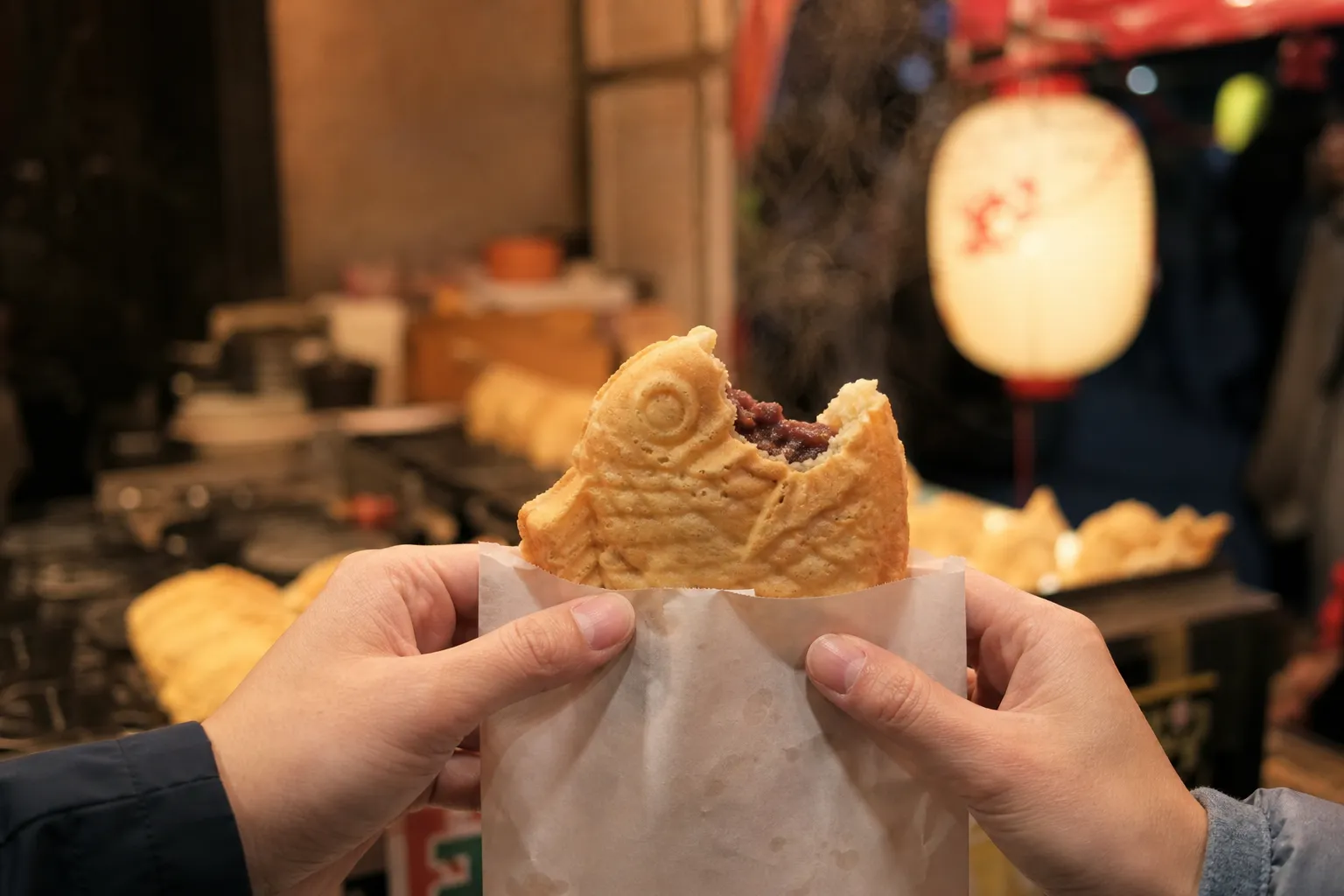 A warm red-bean taiyaki being held in a paper sleeve at a Japanese festival stall