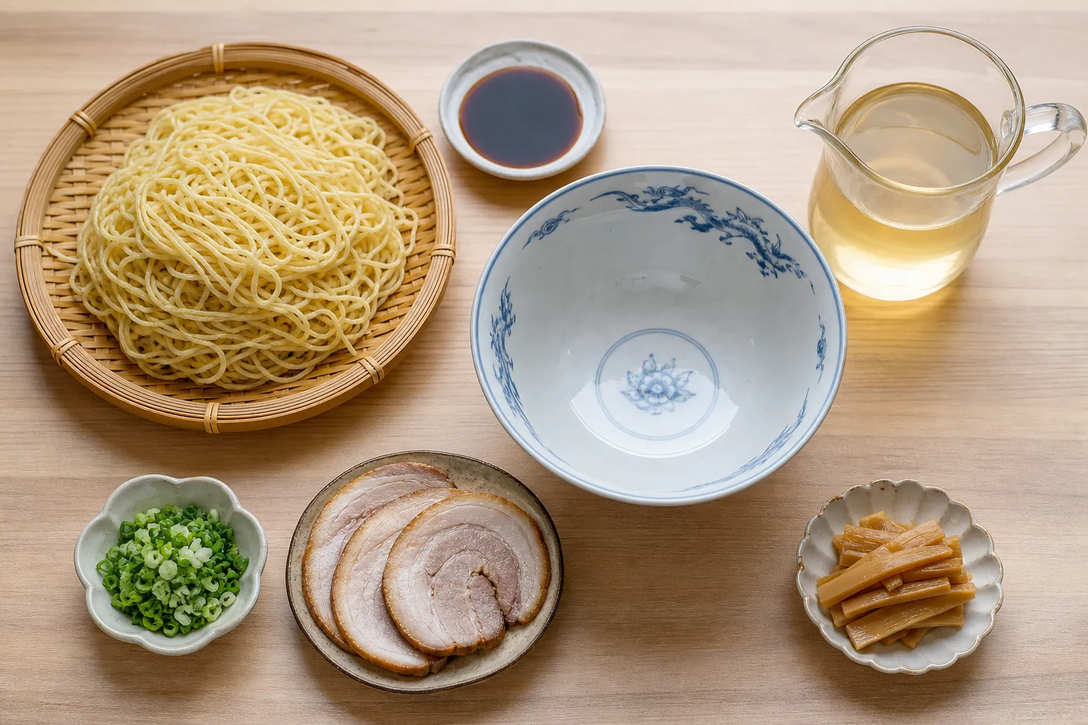 Thin curly noodles, clear soy broth, chashu and green onion laid out to make Takayama ramen