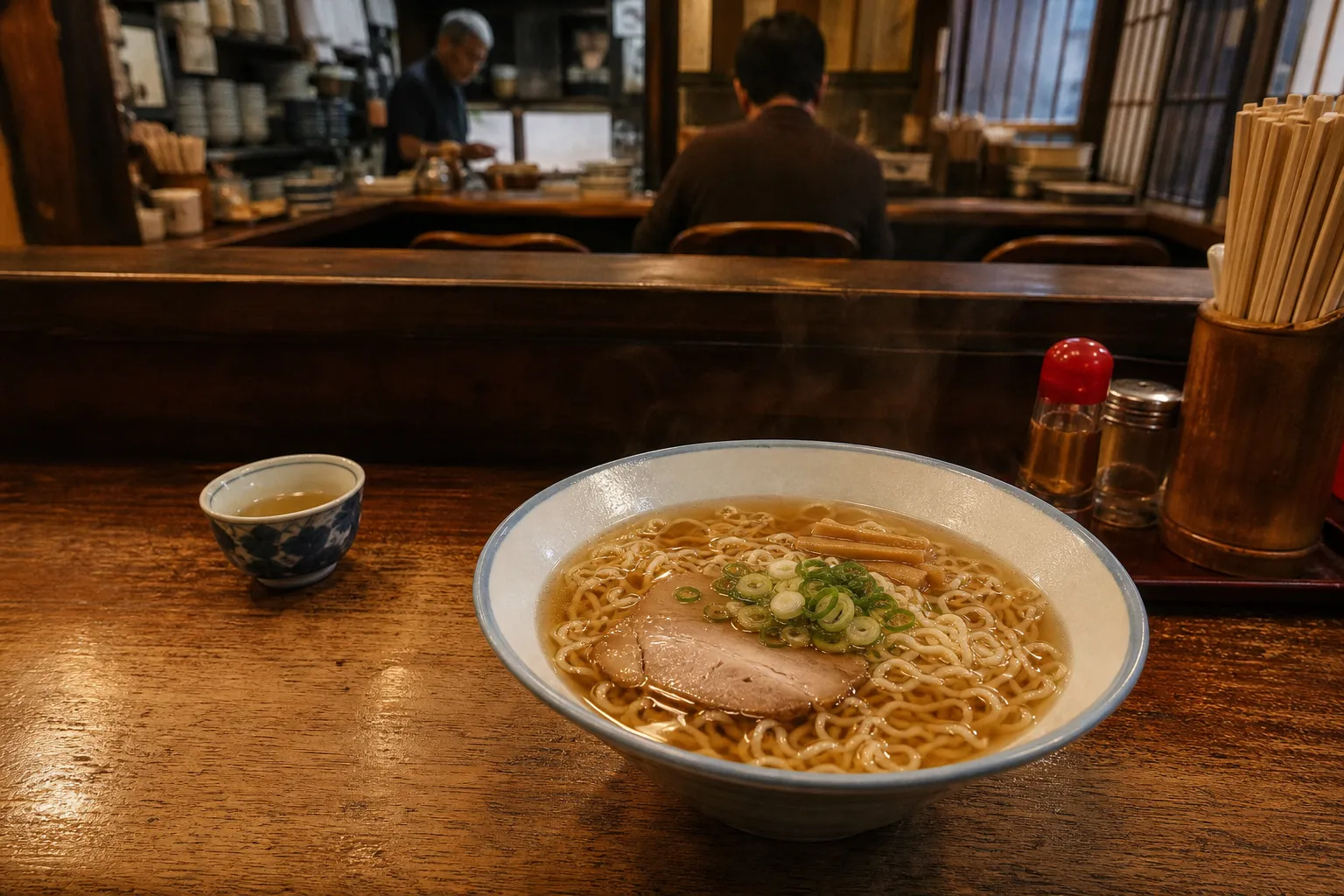 A bowl of clear soy Takayama ramen on a worn wooden counter in an old Hida-Takayama shop