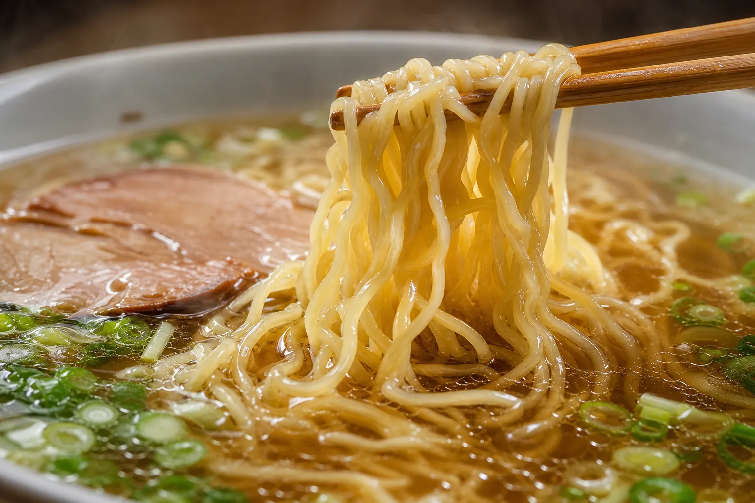 Close-up of thin, wavy Takayama ramen noodles lifted from a clear soy broth