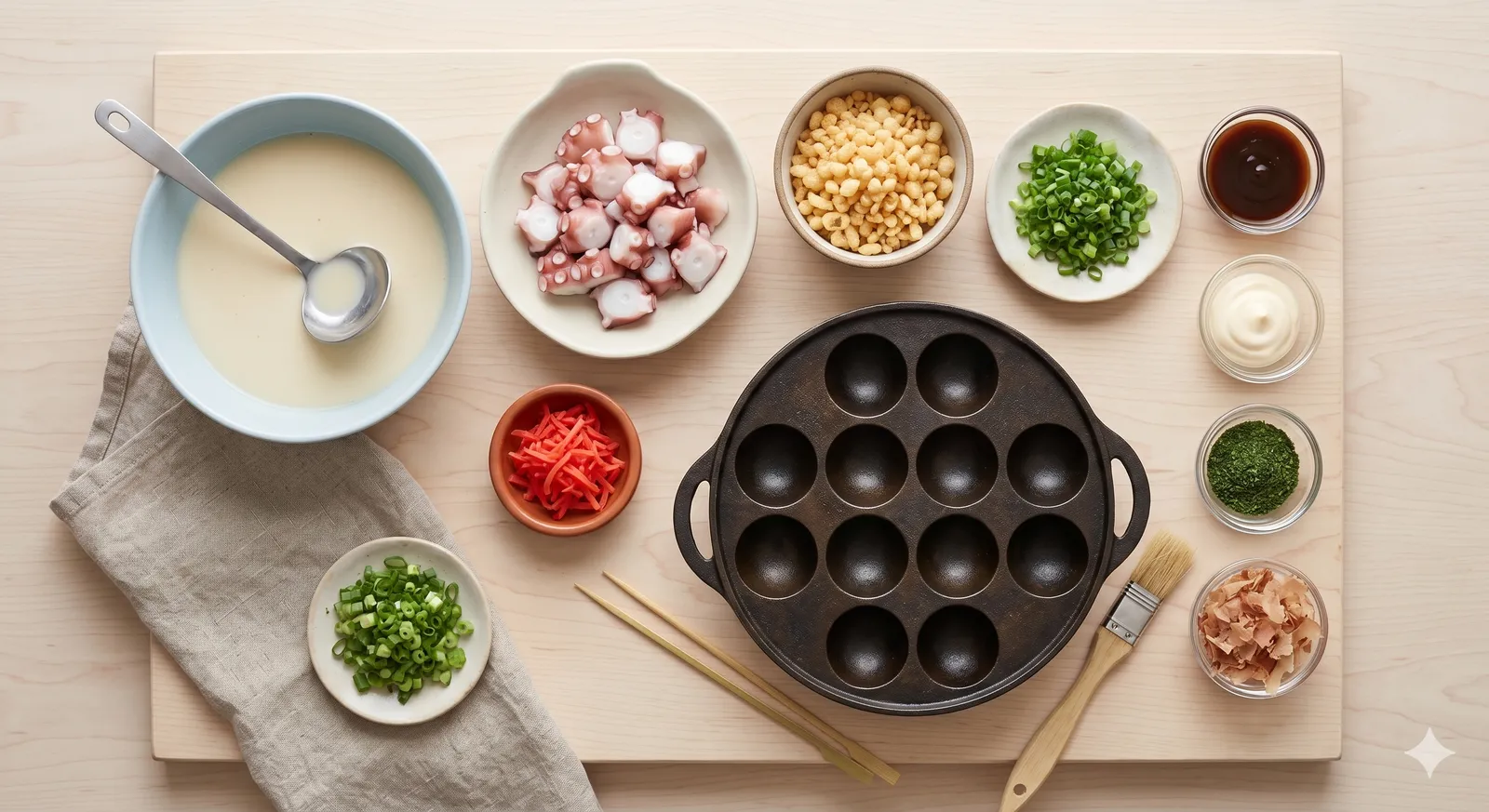 Top-down flat lay of takoyaki ingredients on a board with a dimpled cast-iron takoyaki pan: batter, octopus, tenkasu, pickled ginger, green onion, sauce, mayonnaise, aonori and bonito flakes