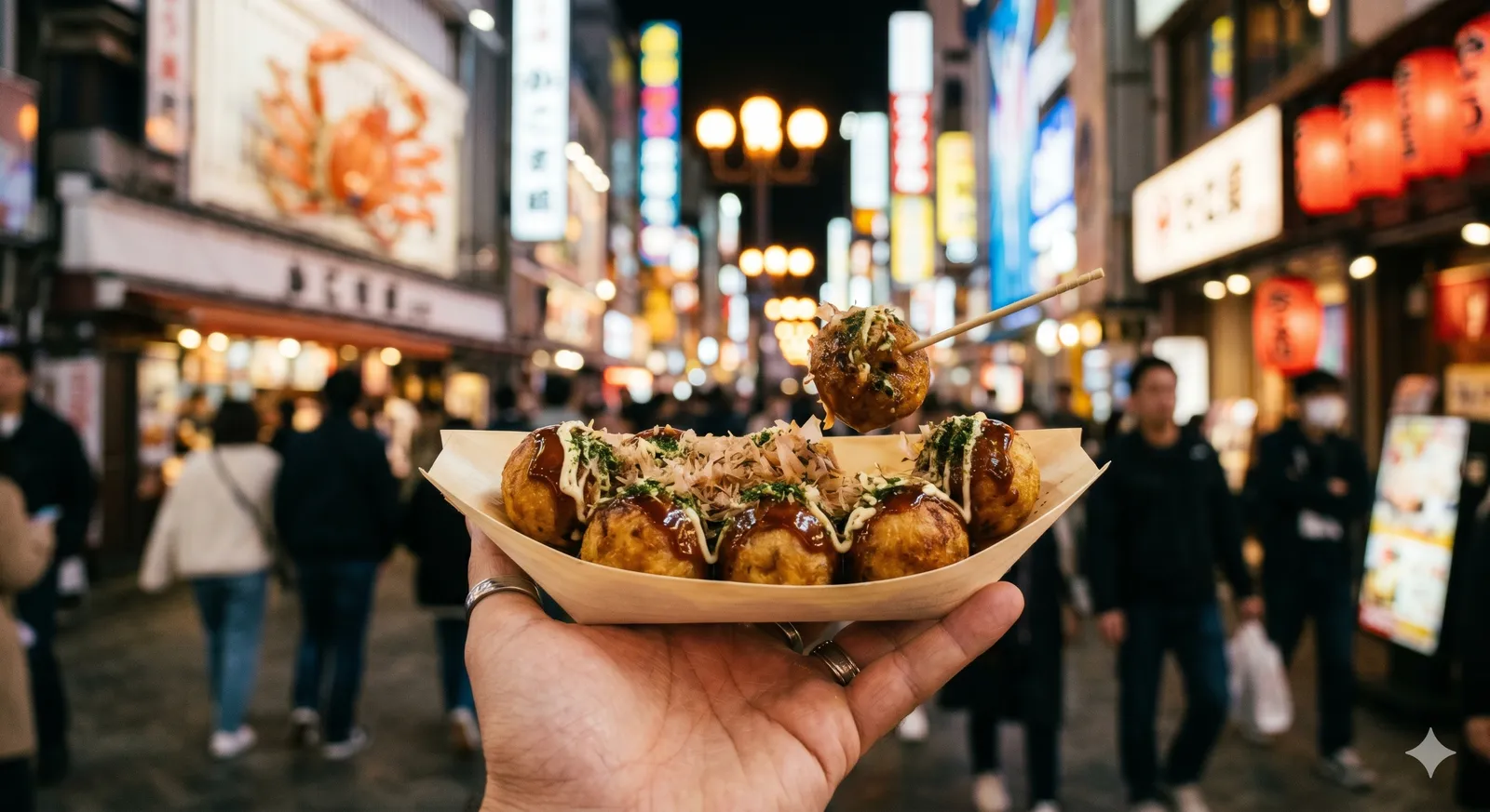 A hand holding a paper boat of takoyaki with a toothpick on a lively neon-lit Dotonbori street in Osaka at night