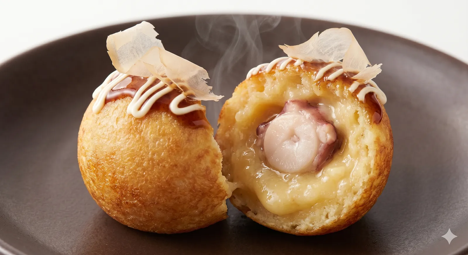 A takoyaki ball split open revealing a molten gooey interior with a plump chunk of octopus, topped with sauce, mayonnaise and bonito flakes
