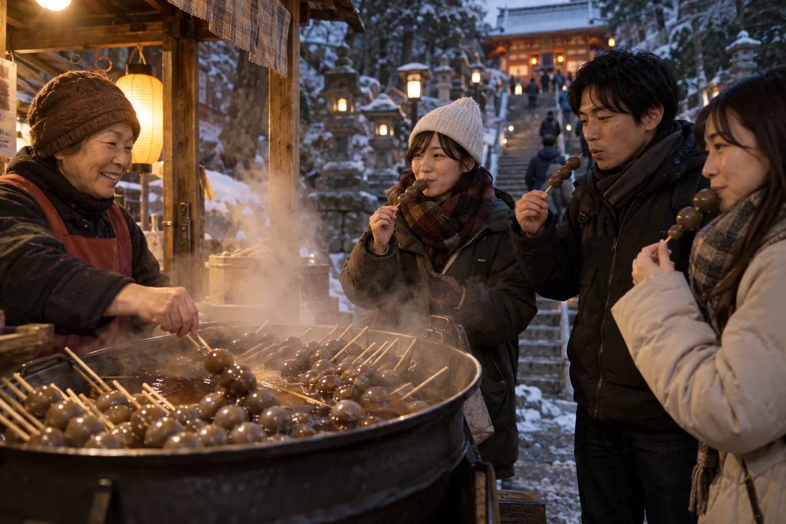 A stall selling skewers of tama konnyaku from a steaming pot beside a stone temple staircase in Yamagata