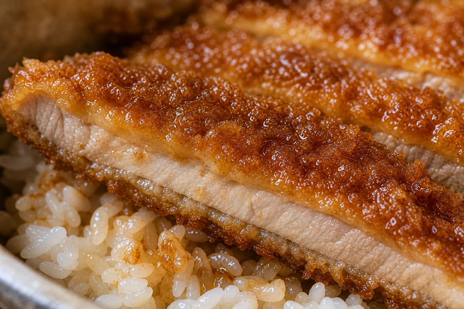Close-up of crisp tarekatsu cutlets glossy with sweet soy tare over rice