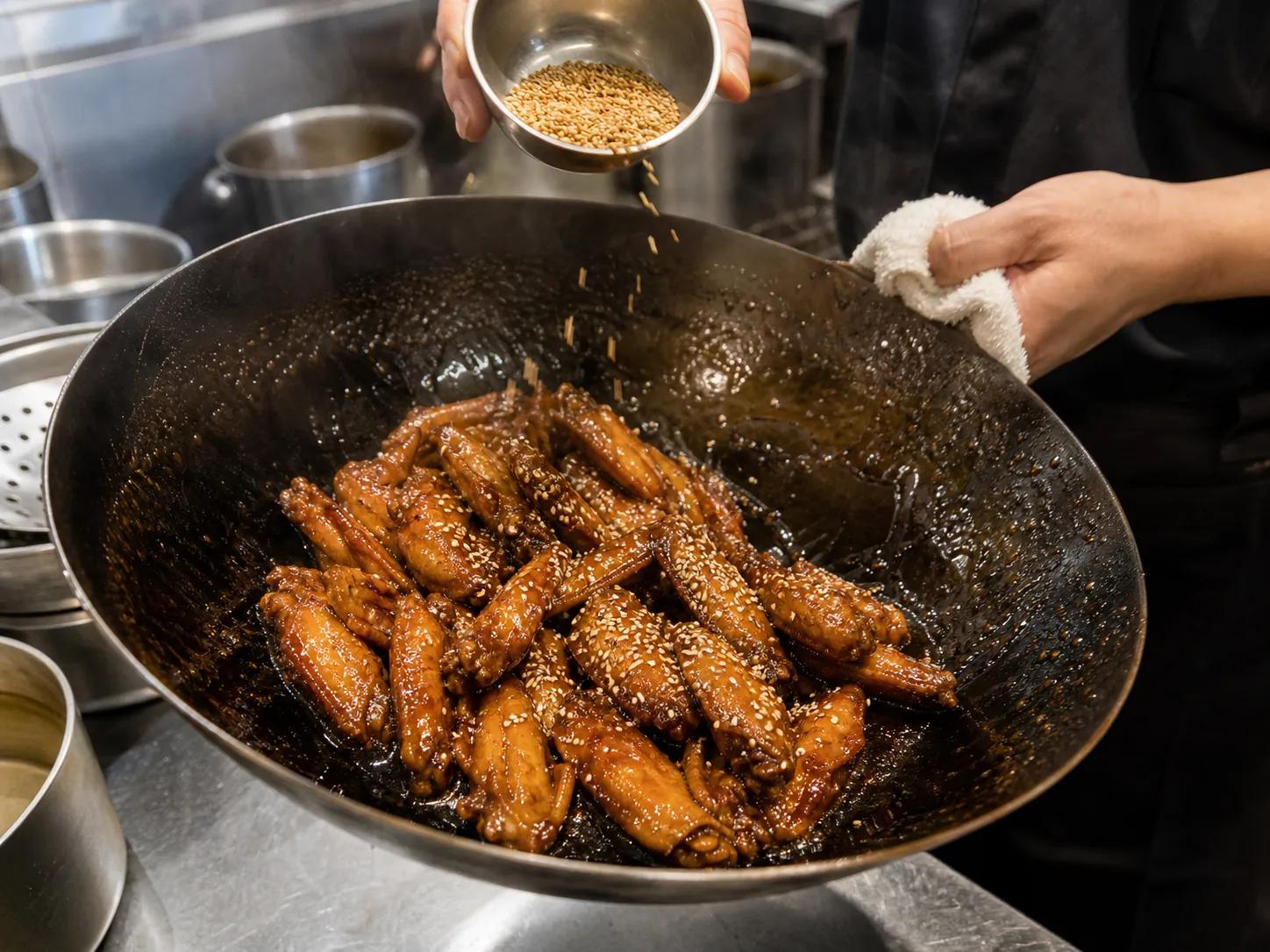 Tebasaki being prepared with glaze and sesame