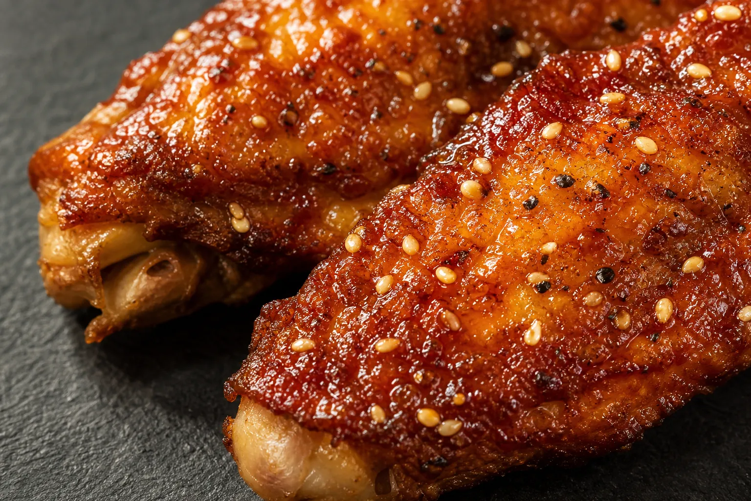 Close-up of tebasaki glaze and sesame crust
