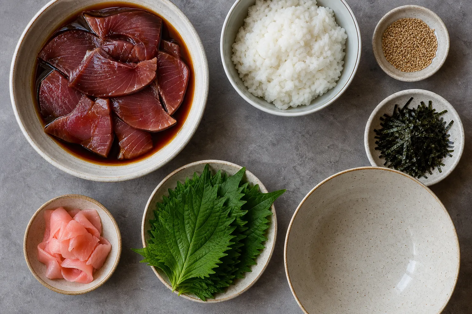 Soy-marinated bonito, vinegared rice, shiso, sesame and nori laid out to assemble tekone-zushi