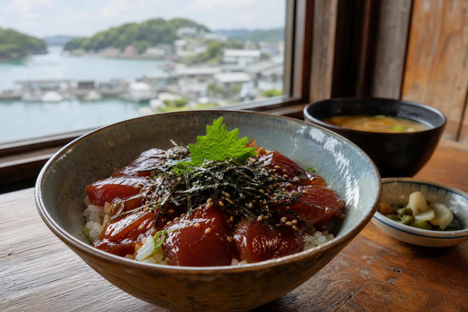 Fishermen's tekone-zushi served in a rustic bowl by the Ise-Shima coast with boats in the background