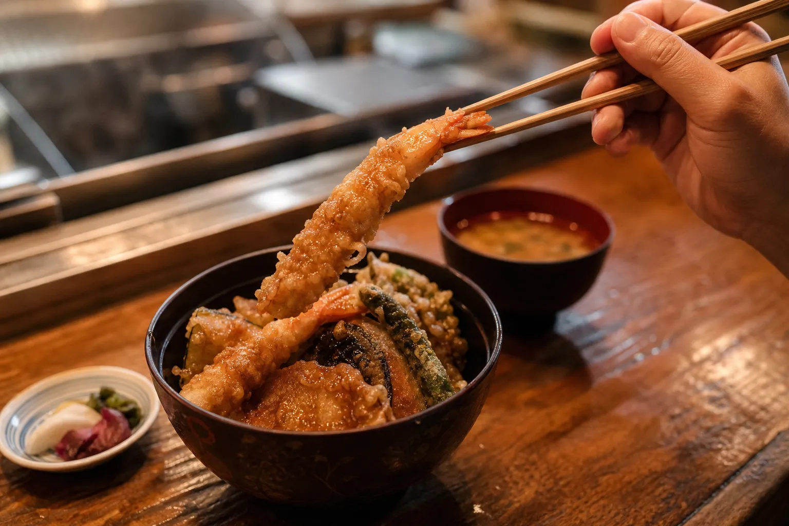 A diner lifting glazed prawn tempura from a tendon bowl at a traditional Japanese tempura counter