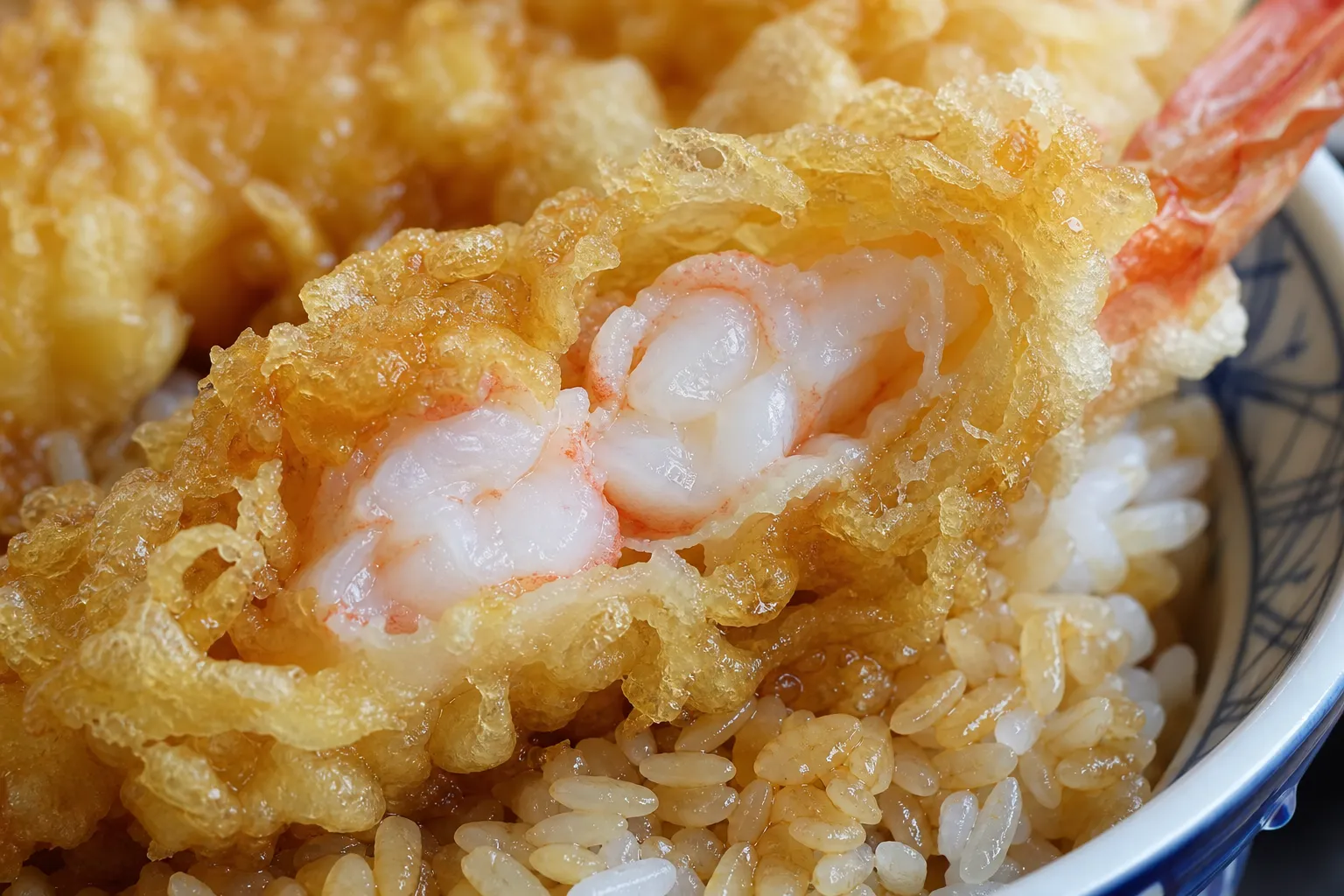 A macro view of prawn tempura showing juicy cooked shrimp inside airy golden batter over glazed rice