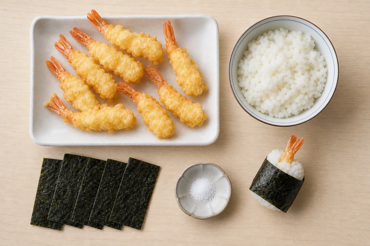Shrimp tempura, salted rice and nori strips laid out to assemble tenmusu rice balls