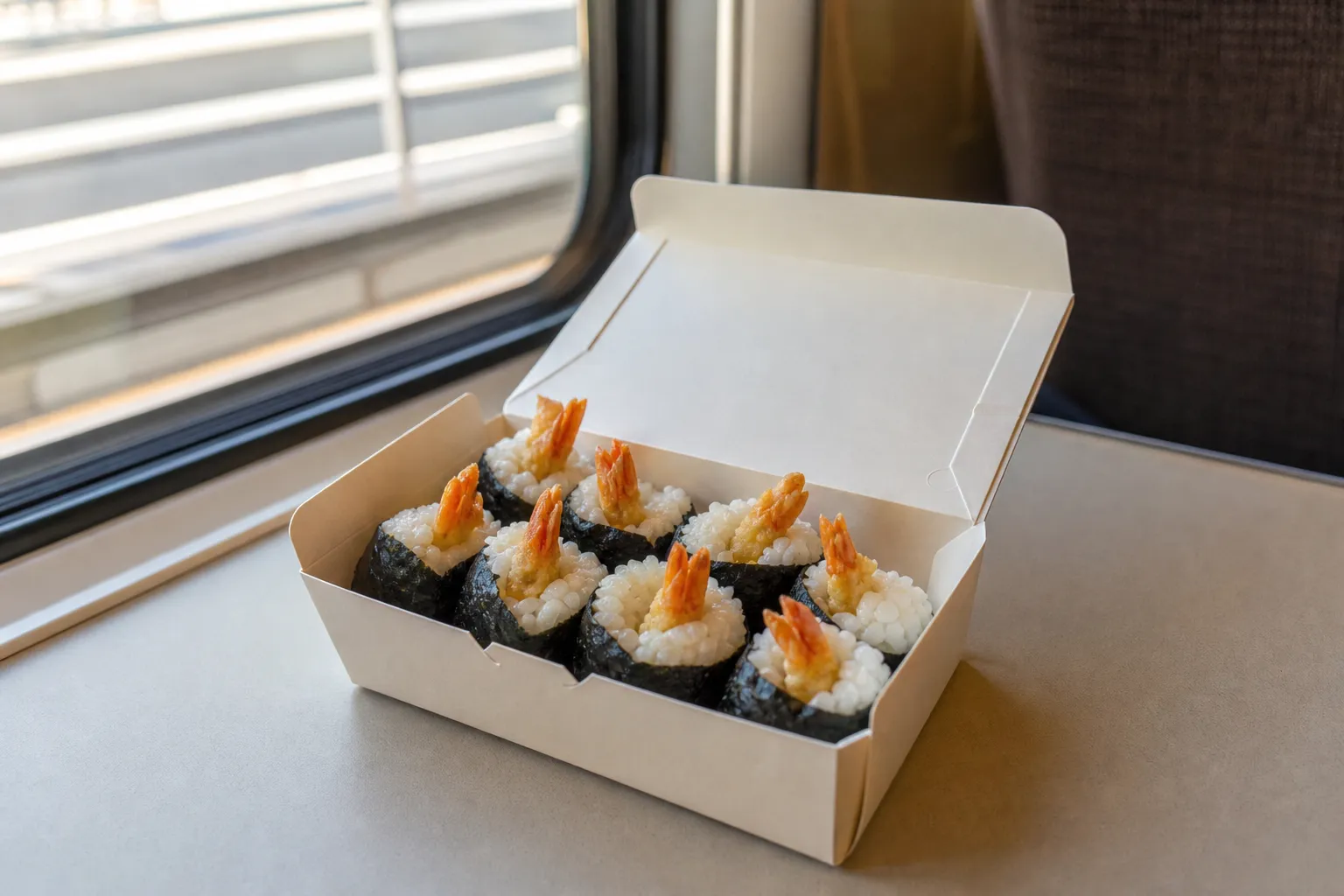 A box of tenmusu shrimp-tempura rice balls being eaten as a travel snack on a Nagoya train