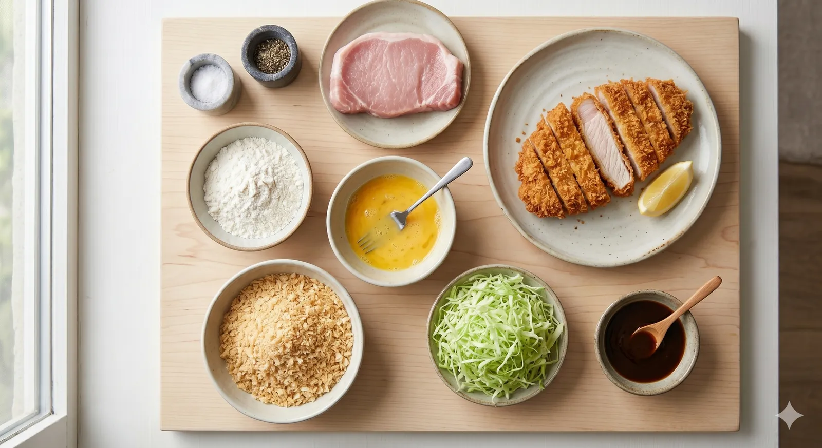 Top-down flat lay of tonkatsu ingredients: raw pork loin, flour, beaten egg, panko, shredded cabbage, lemon, tonkatsu sauce and a finished golden cutlet