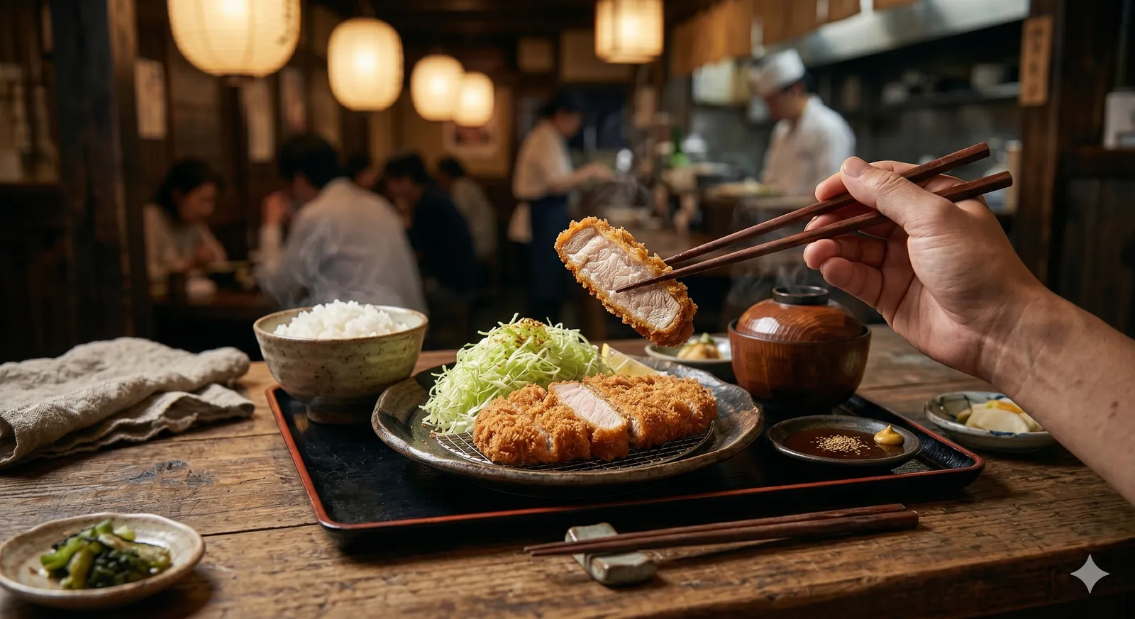 A complete tonkatsu set meal with rice, miso soup and shredded cabbage at a cozy traditional Japanese restaurant, a hand lifting a piece with chopsticks