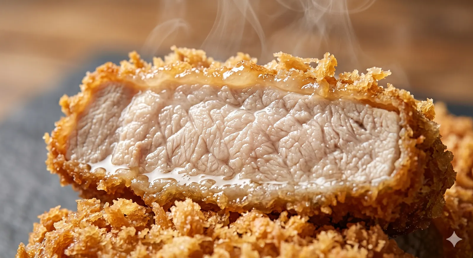 A sliced tonkatsu showing the juicy fully-cooked pale pork interior with natural fibers under a thick shatter-crisp golden panko crust