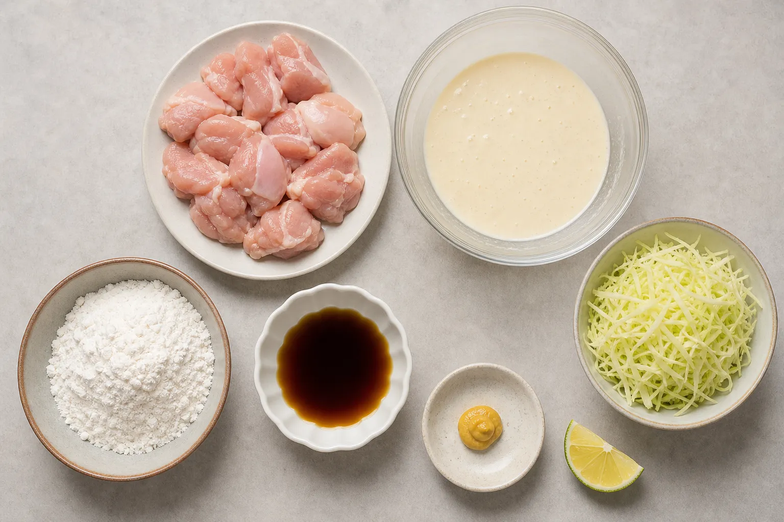 Chicken pieces, tempura batter, ponzu and karashi laid out to make toriten