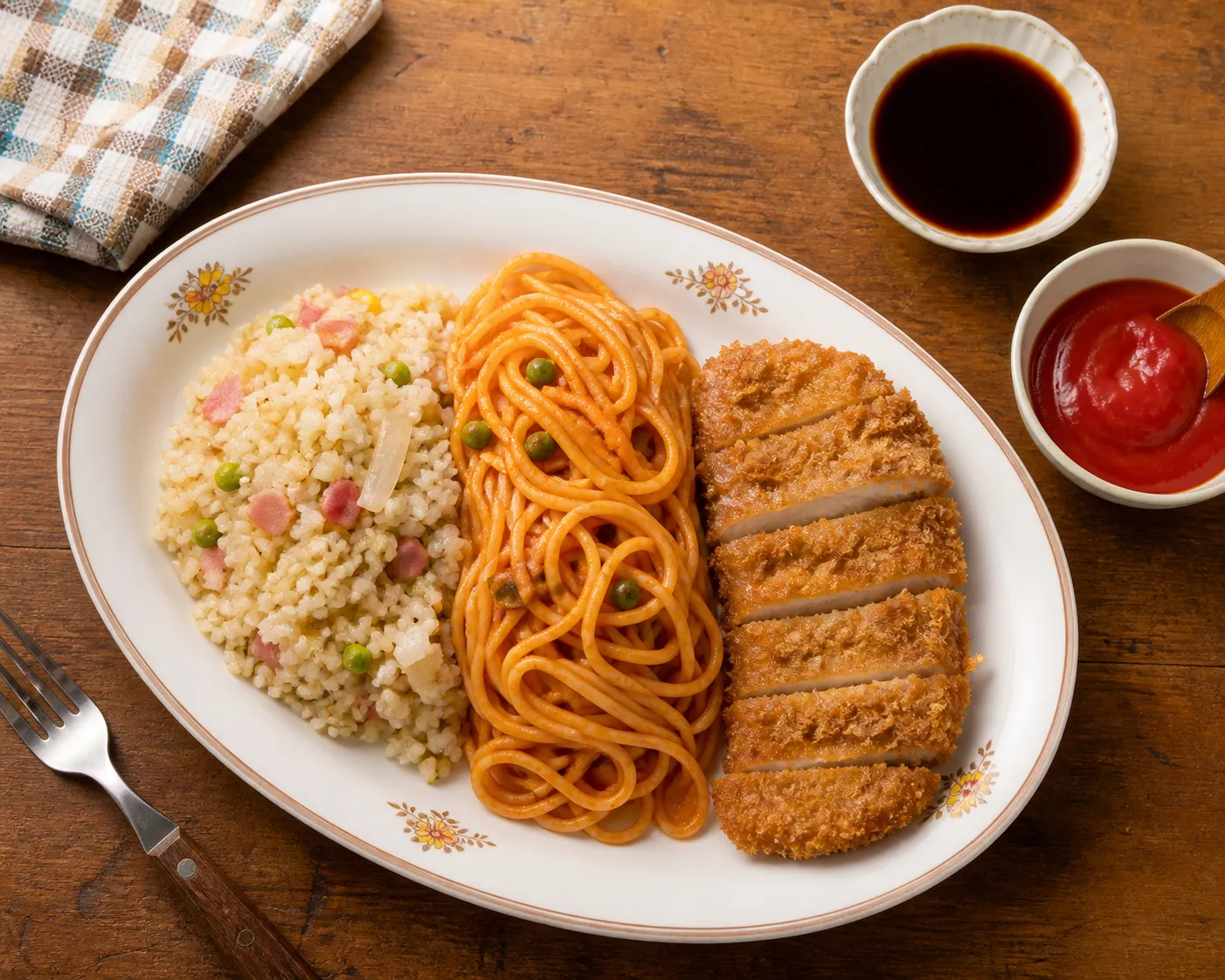Toruko raisu assembly: pilaf, spaghetti, tonkatsu being plated together
