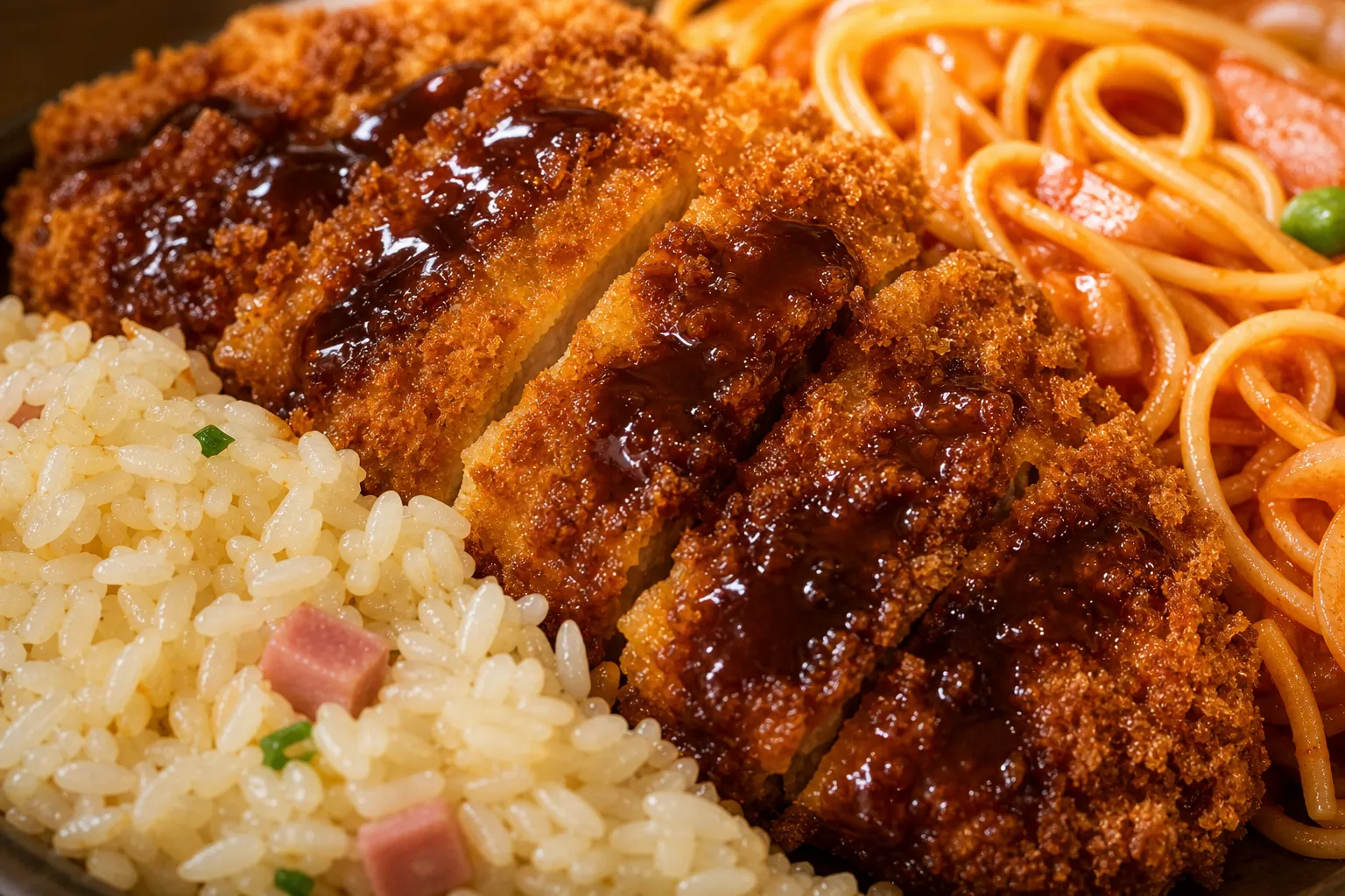 Close-up of toruko raisu with tonkatsu, pilaf, and spaghetti