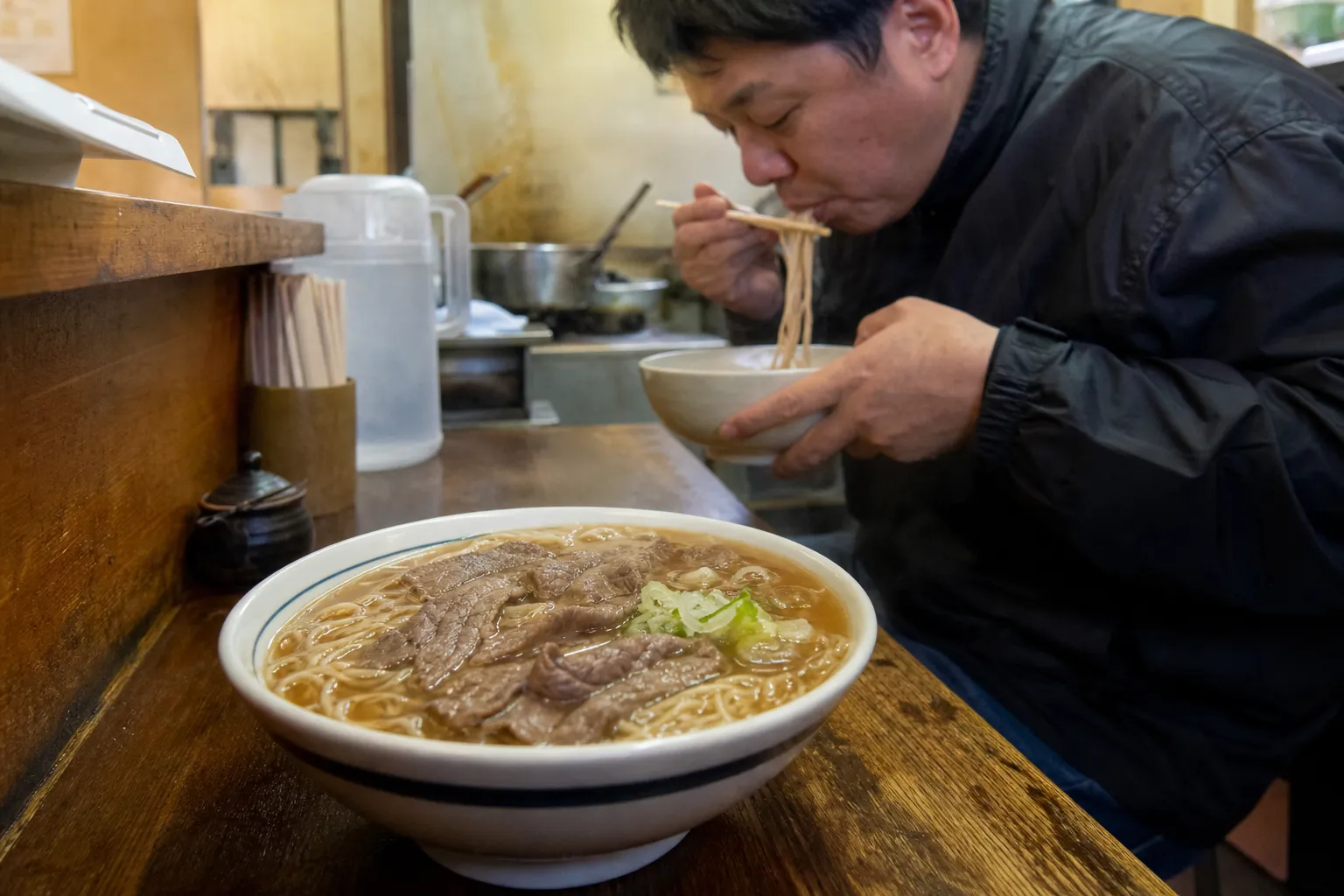 A bowl of Tottori beef-bone ramen in a local shop in Kurayoshi