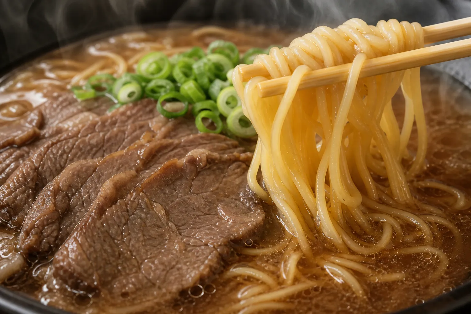 Close-up of the soy-brown beef-bone broth, chashu and green onion