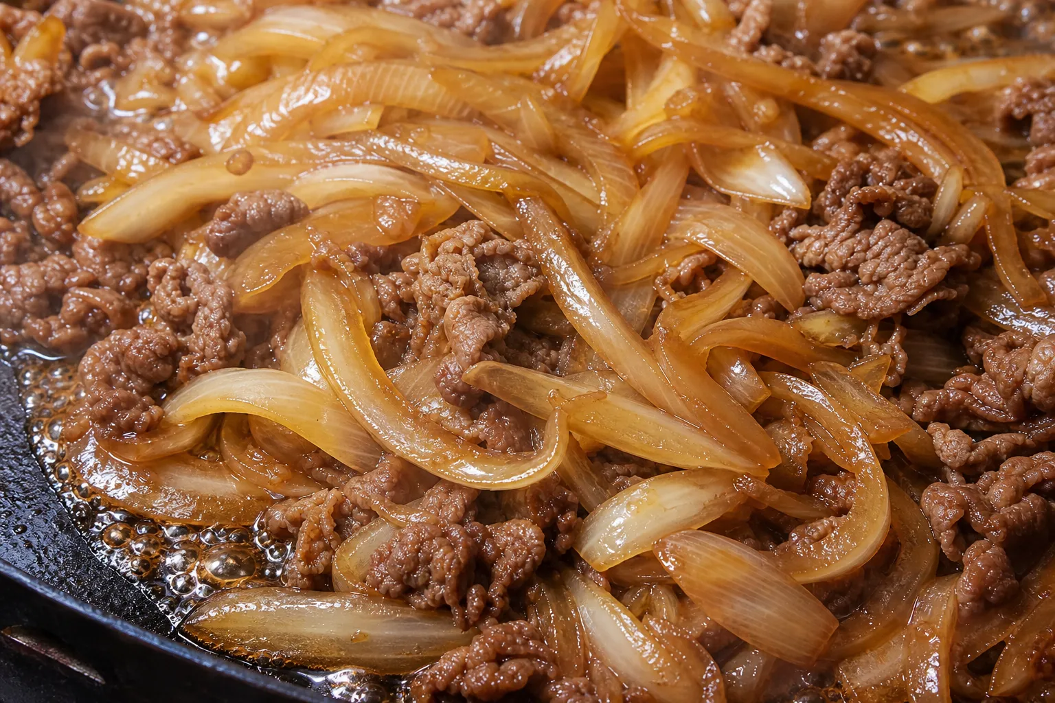 Close-up of caramelized onions and thin-sliced beef short rib glistening in sweet soy sauce on a hot plate