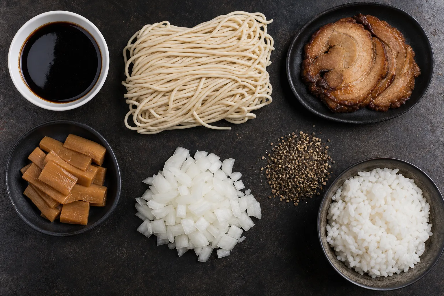 The components of Toyama Black ramen laid out: dark soy tare, noodles, chashu, pepper, raw onion