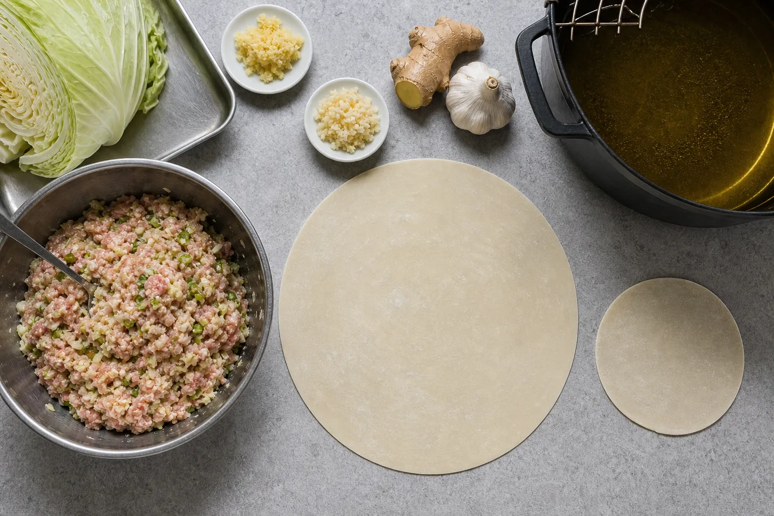 Tsu gyoza preparation with large wrapper and filling