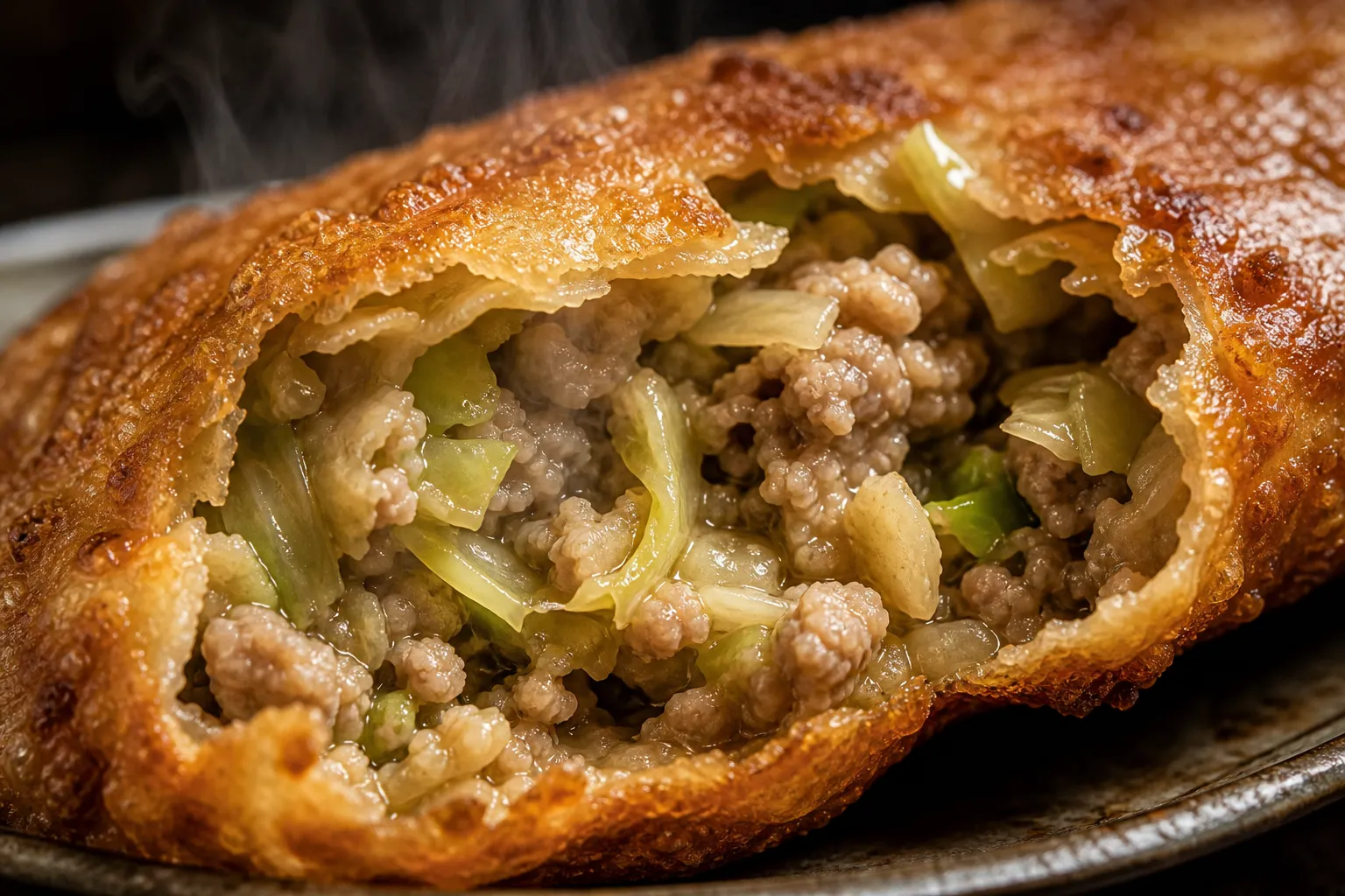 Close-up of Tsu gyoza crust shattered open to reveal filling