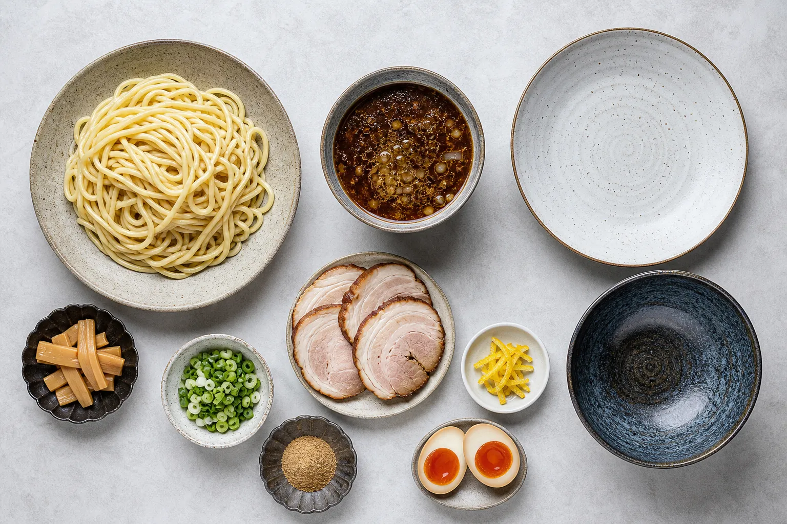 Thick fresh noodles, a bowl of concentrated dipping broth, chashu, menma and egg laid out to make tsukemen
