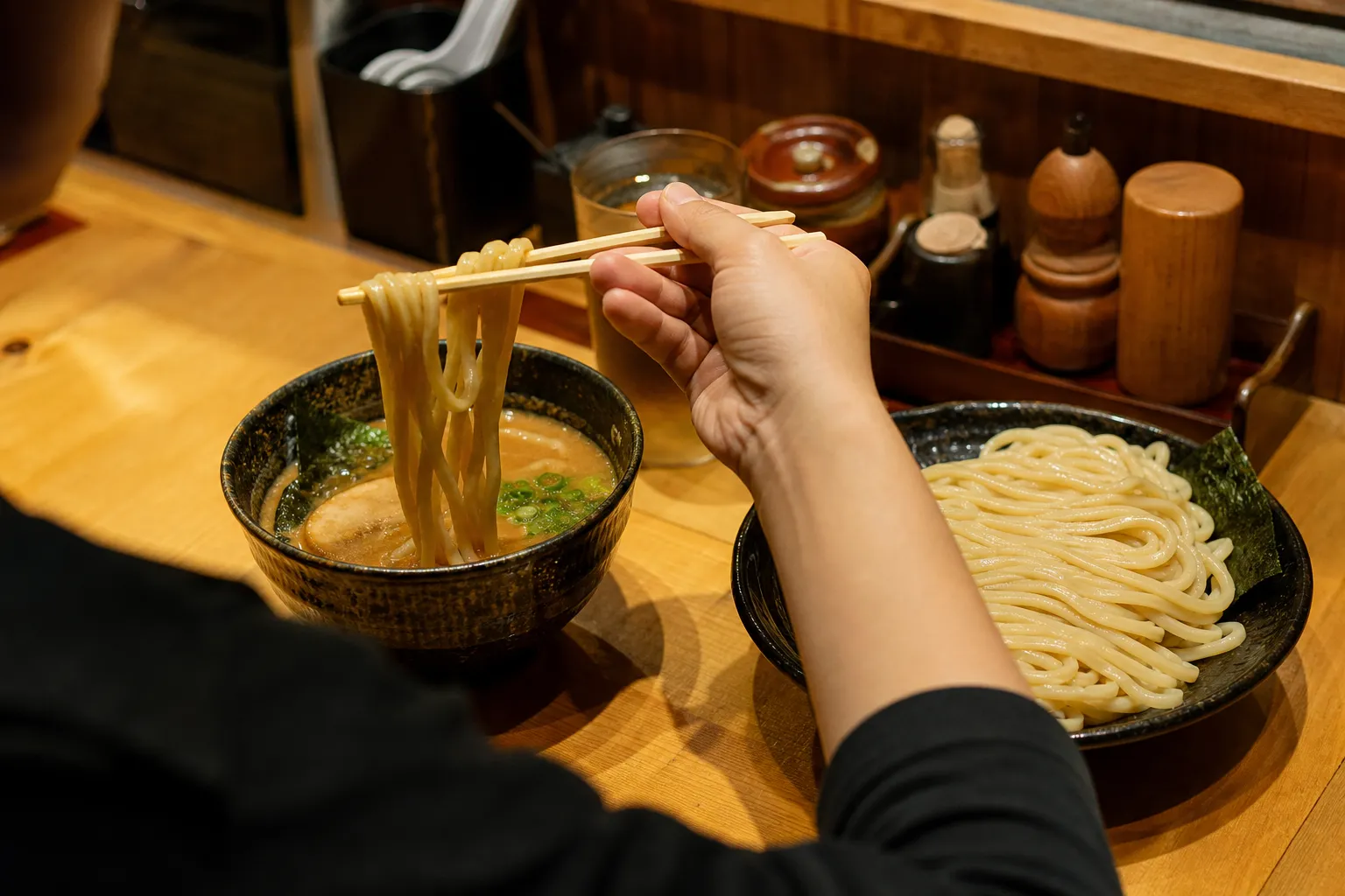 A tsukemen set — a plate of thick noodles beside a bowl of dark dipping broth — at a modern ramen counter