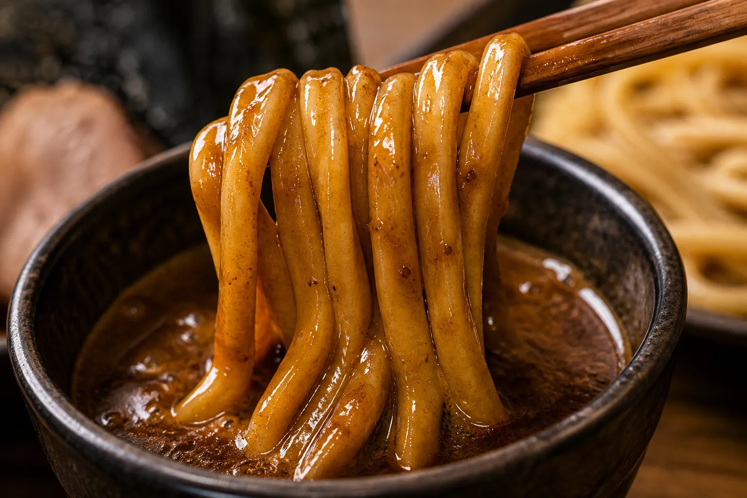 Close-up of thick glossy tsukemen noodles being dipped into a dark, concentrated broth