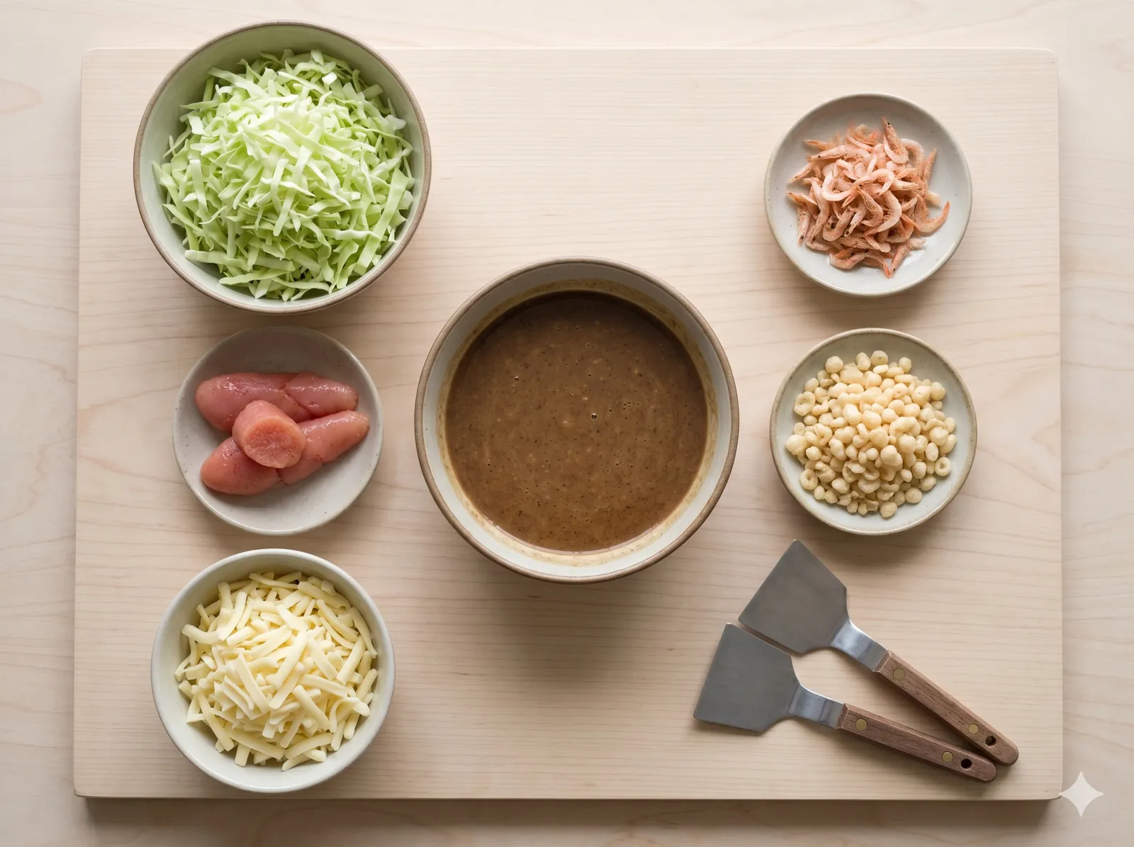 Top-down flat lay of monjayaki ingredients: thin batter, chopped cabbage, dried shrimp, mentaiko, shredded cheese, tempura bits and two small metal spatulas