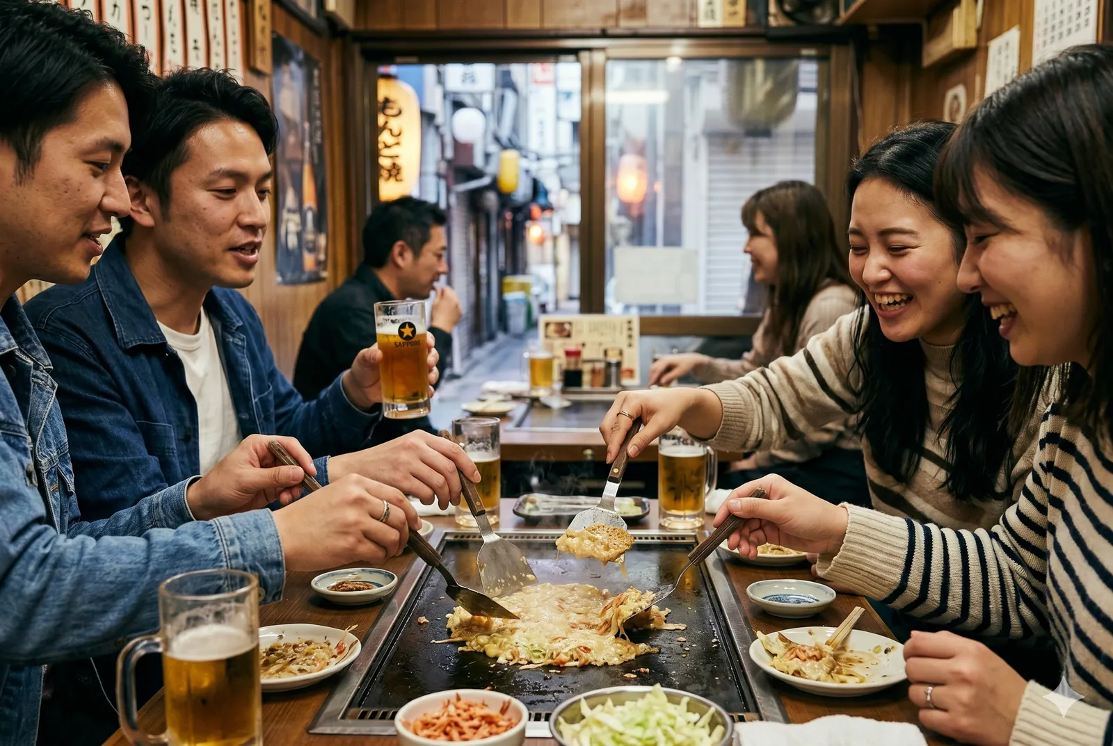 Friends gathered around a teppan griddle table cooking monjayaki together with small spatulas and beer at a Tsukishima Monja Street shop