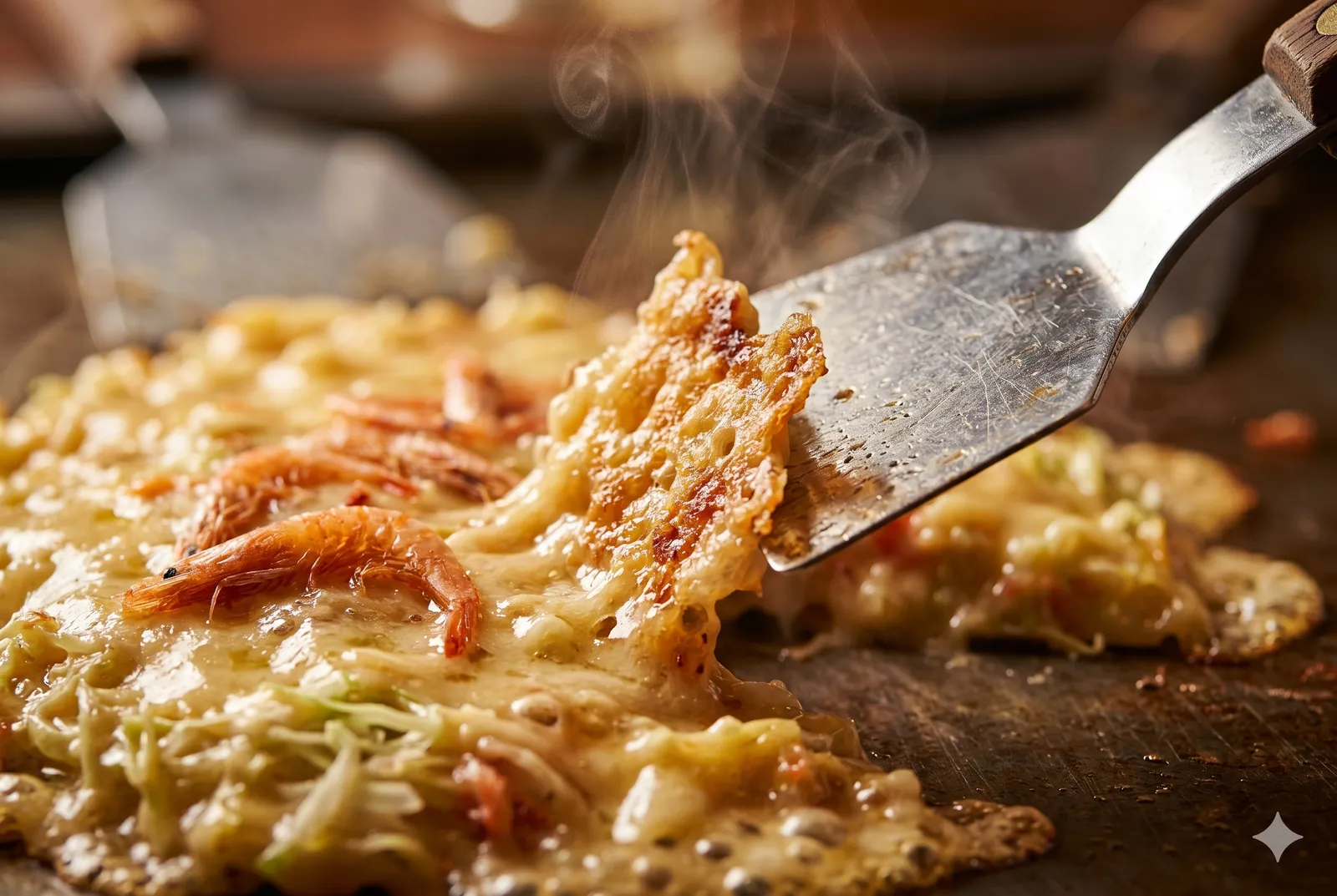 A small metal spatula scraping up a crispy browned bit of monjayaki from the runny cheesy batter studded with cabbage and dried shrimp