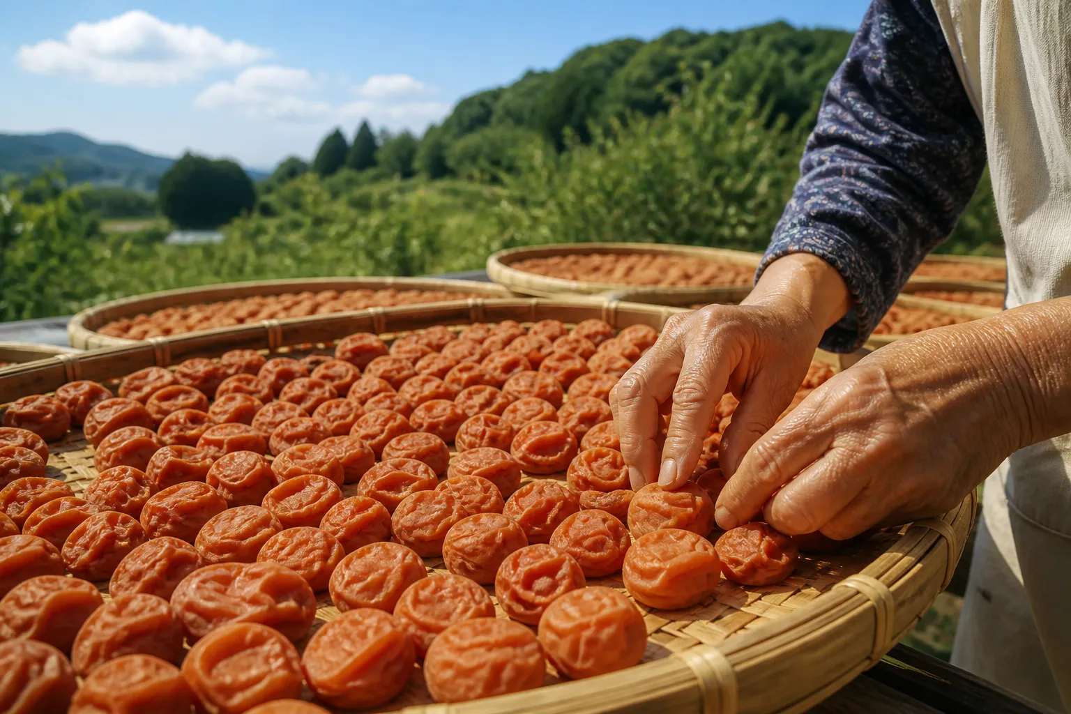 Umeboshi drying on flat bamboo trays in the sun in a Minabe plum orchard in Wakayama