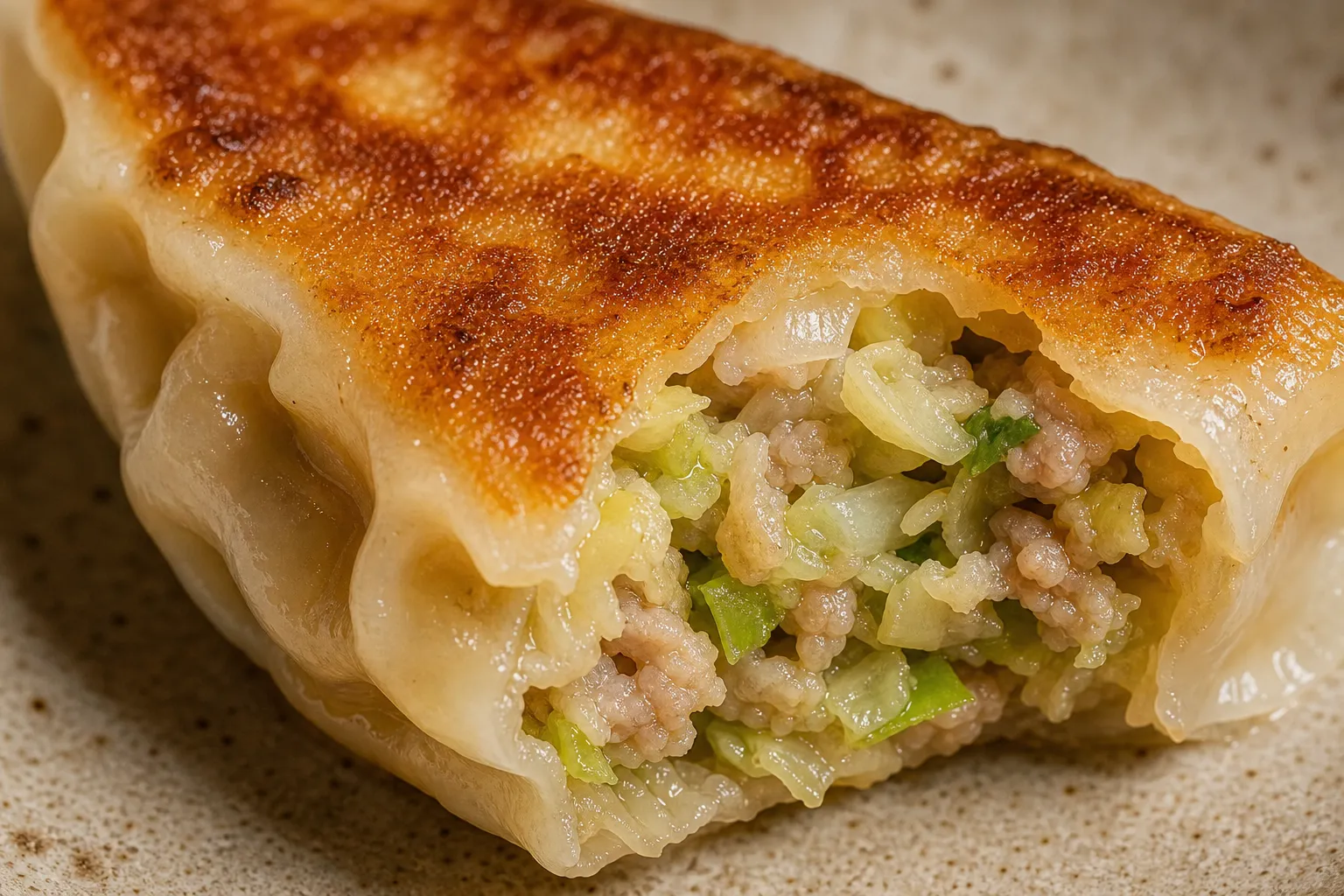 Close-up of the crisp browned bottom of Utsunomiya gyoza