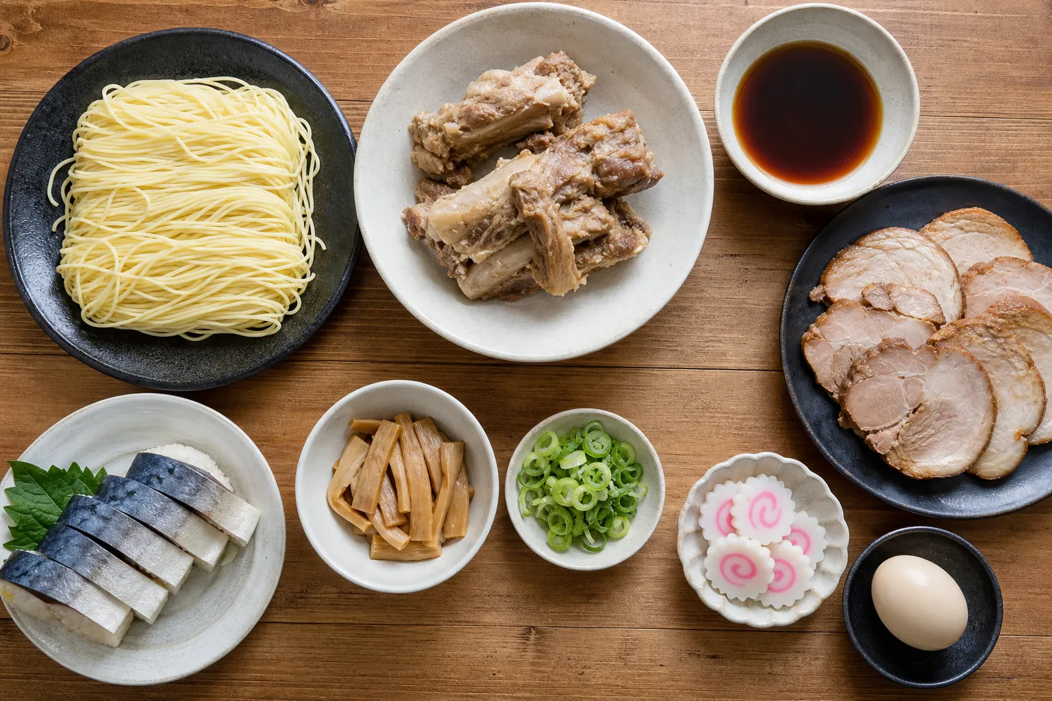 The ingredients of Wakayama ramen plus the pressed mackerel sushi side custom