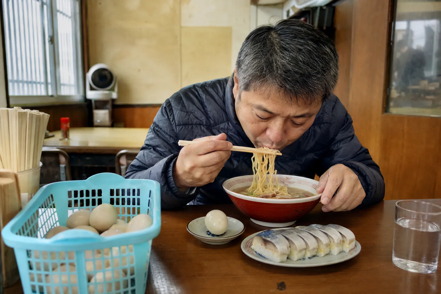 A Wakayama ramen shop with self-serve mackerel sushi and boiled eggs on the table
