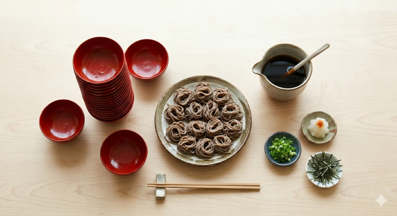Flat lay of wanko soba yakumi condiments: tuna sashimi, chicken soboro, grated yam, nori, green onion, sesame and pickles