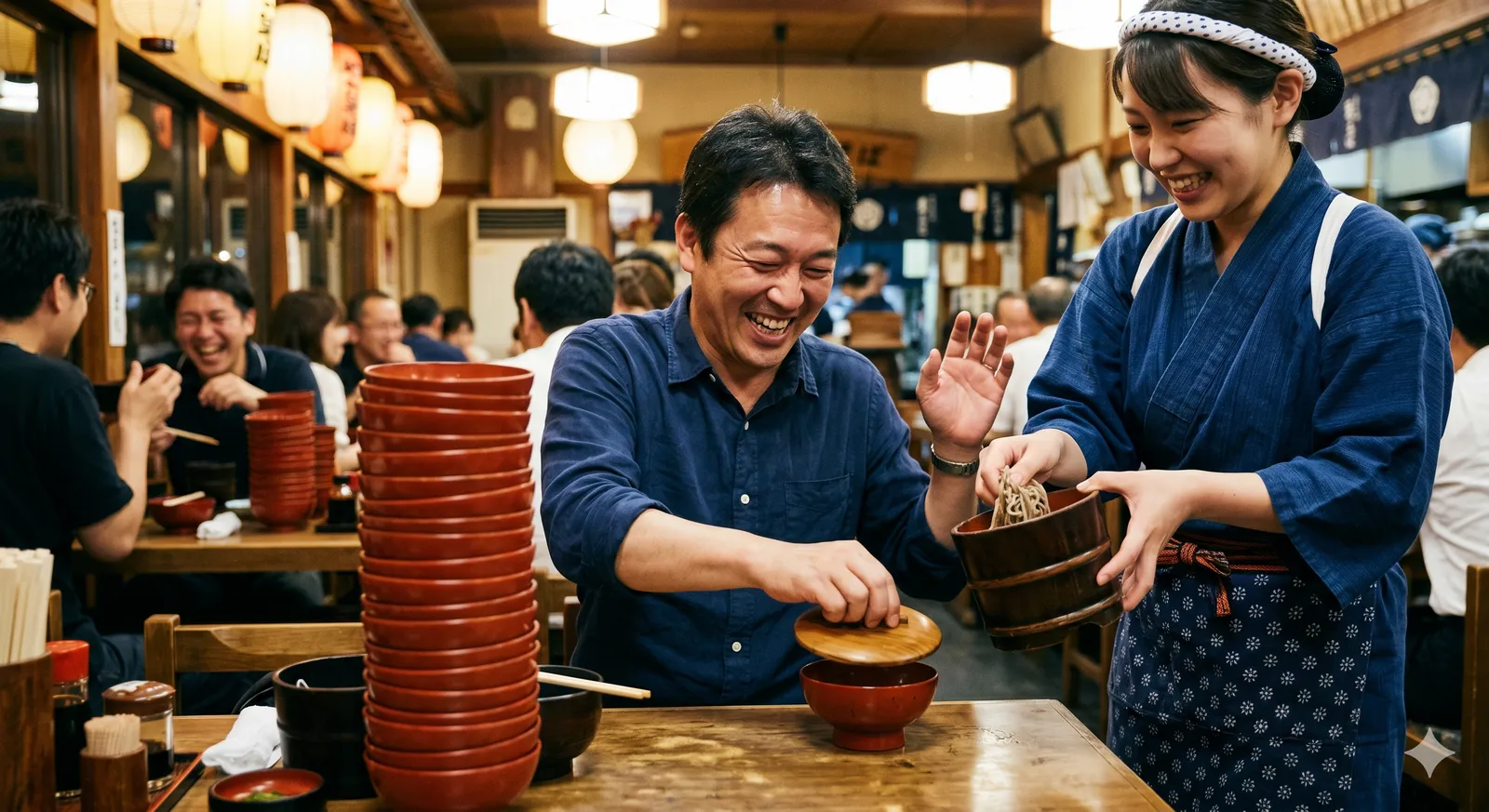 A lively wanko soba table in Morioka, Iwate, with a tower of empty lacquered bowls stacked beside a diner