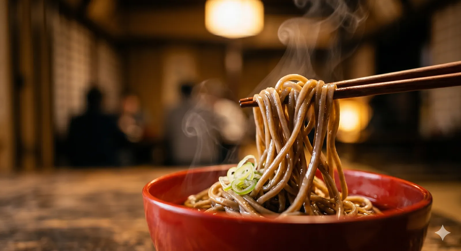 Close-up of a single bite of buckwheat soba in a tiny red lacquered wanko bowl