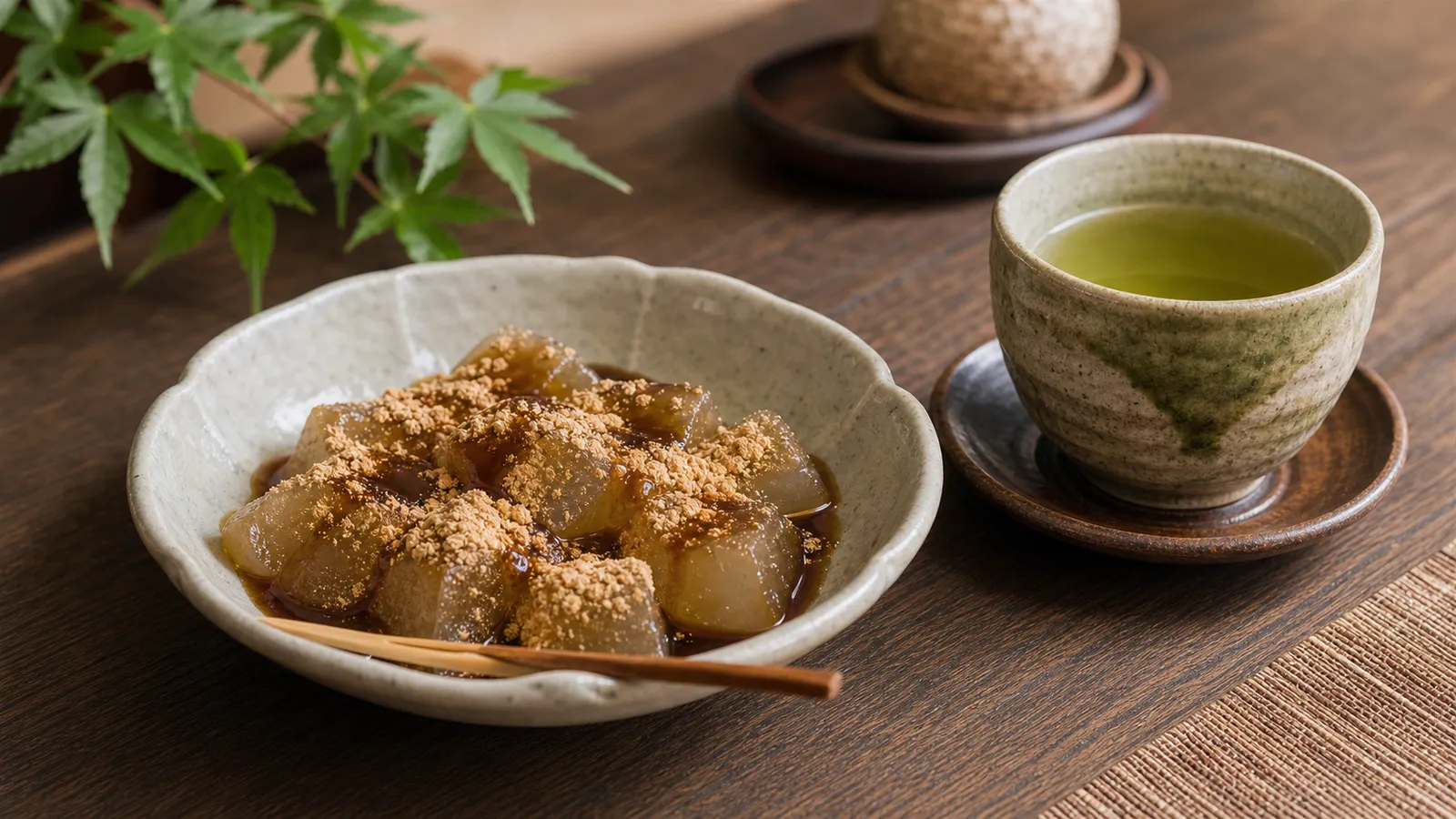 Warabimochi served in a typical setting